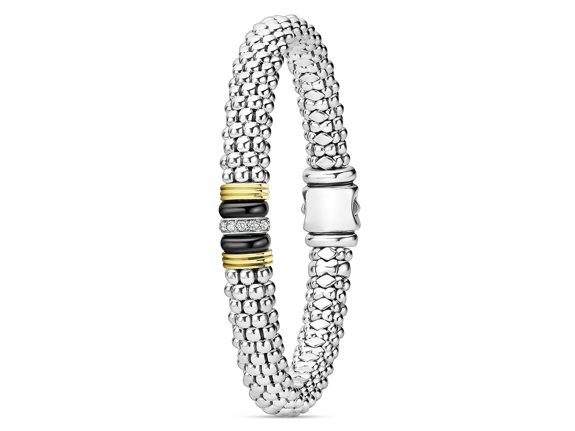 18K Yellow Gold & Sterling Black Caviar Ceramic & Diamond Bead Link Bracelet — Image 4
