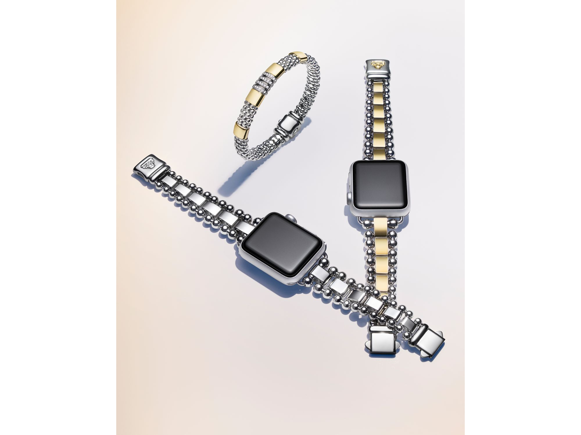 Sterling & 18K Yellow Gold Caviar Diamond Link Bracelet — Image 3