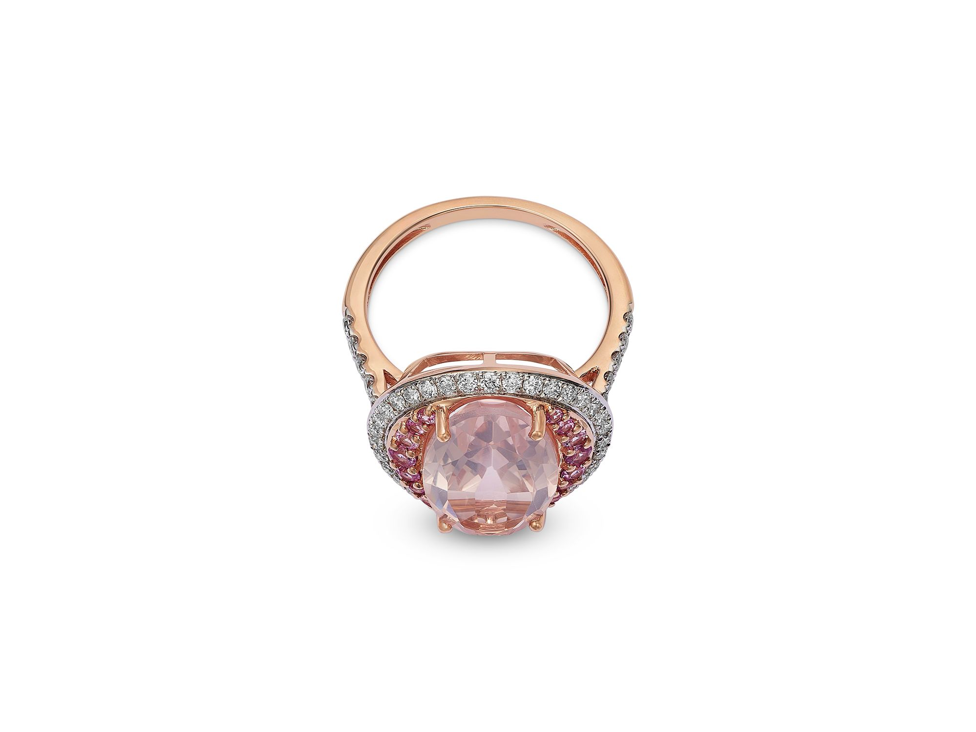 Rose Quartz, Pink Sapphire & Diamond Halo Ring in 14K Rose Gold — Image 3