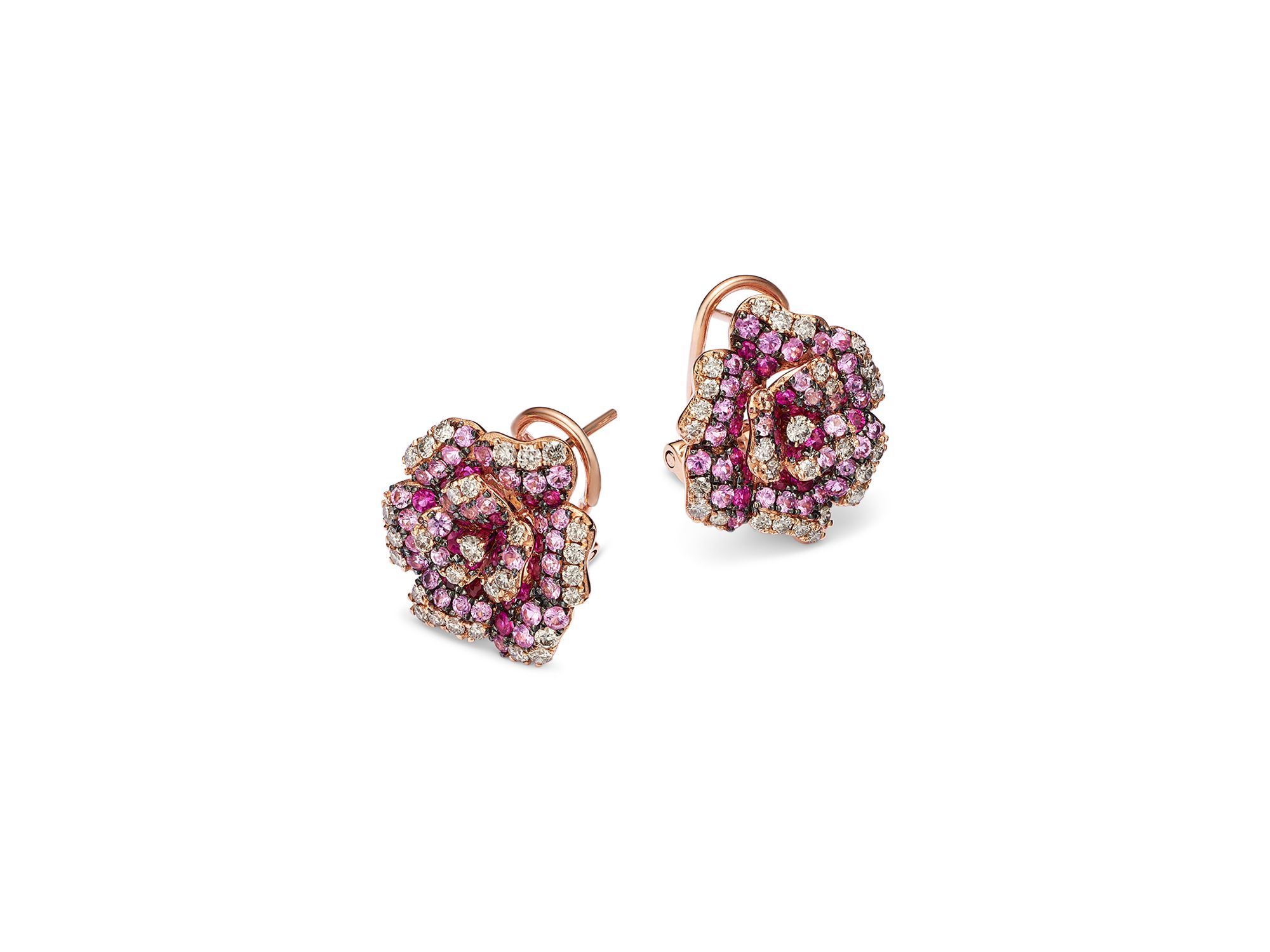 Pink Sapphire & Diamond Rose Flower Earrings in 14K Rose Gold — Image 4
