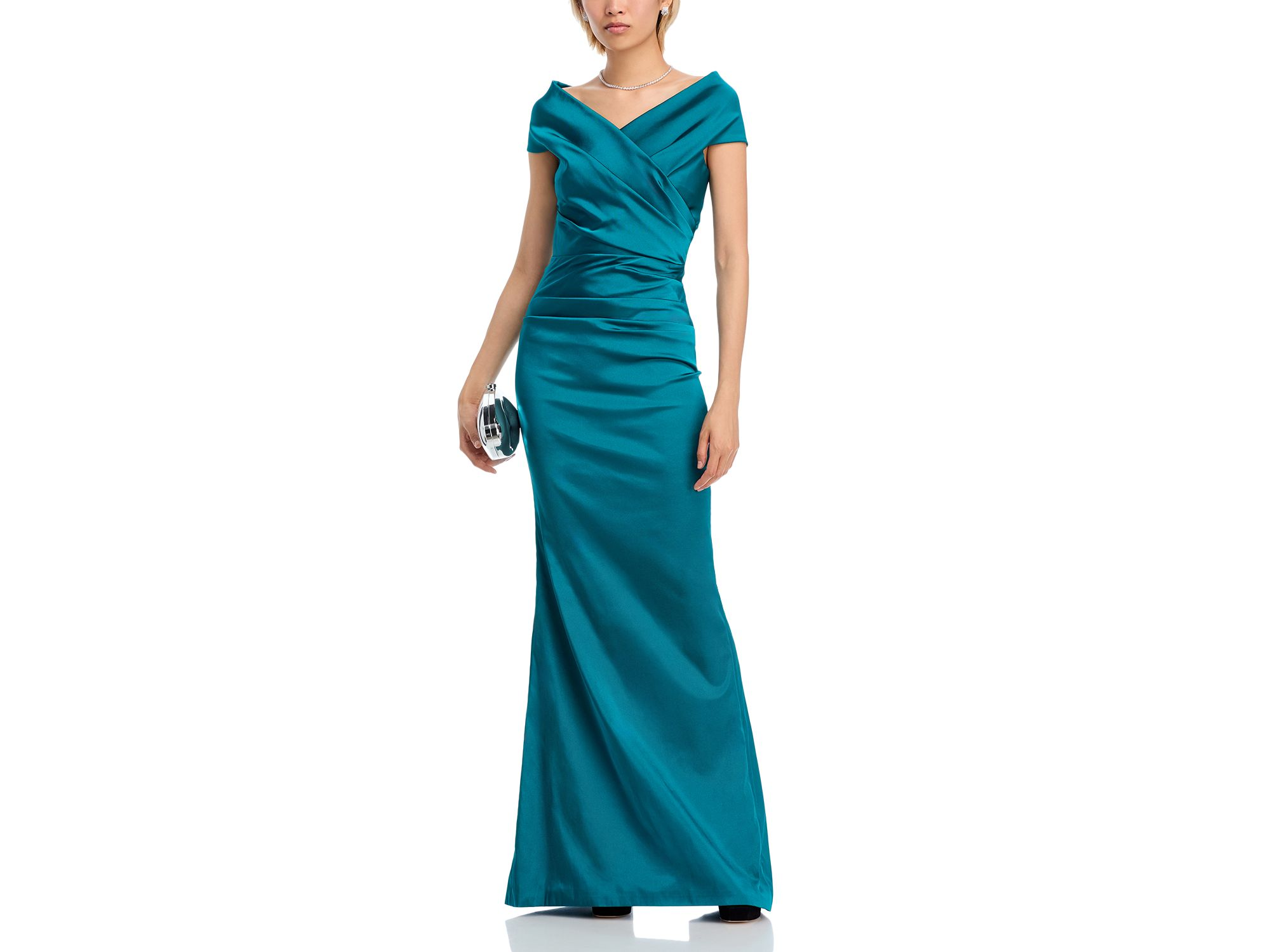 Off-the-Shoulder Ruched Satin Gown — Image 3
