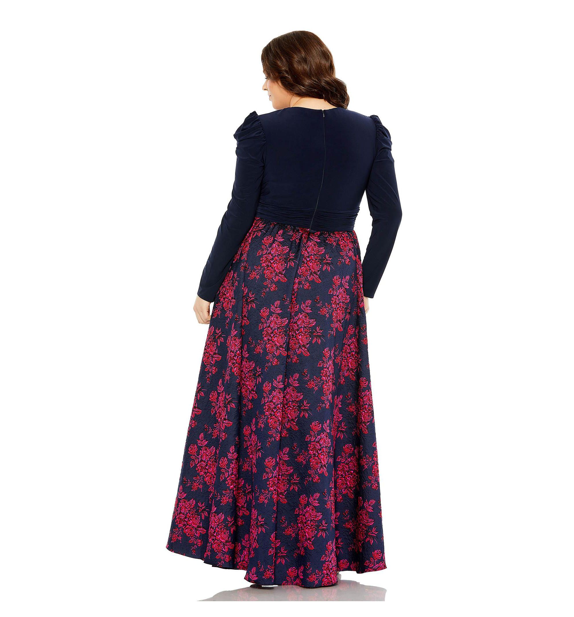 Plus Long Sleeve Keyhole Knot Neck Brocade Floral Detail Bottom  Gown — Image 3