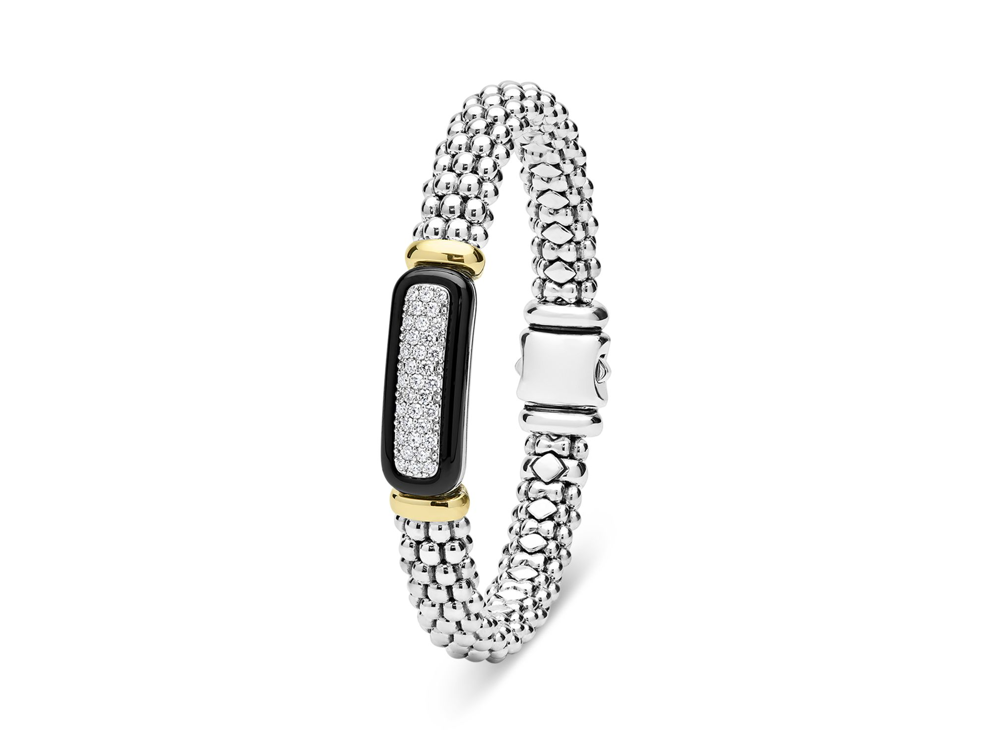18K Yellow Gold & Sterling Black Caviar Diamond & Black Ceramic Cluster Bracelet — Image 3