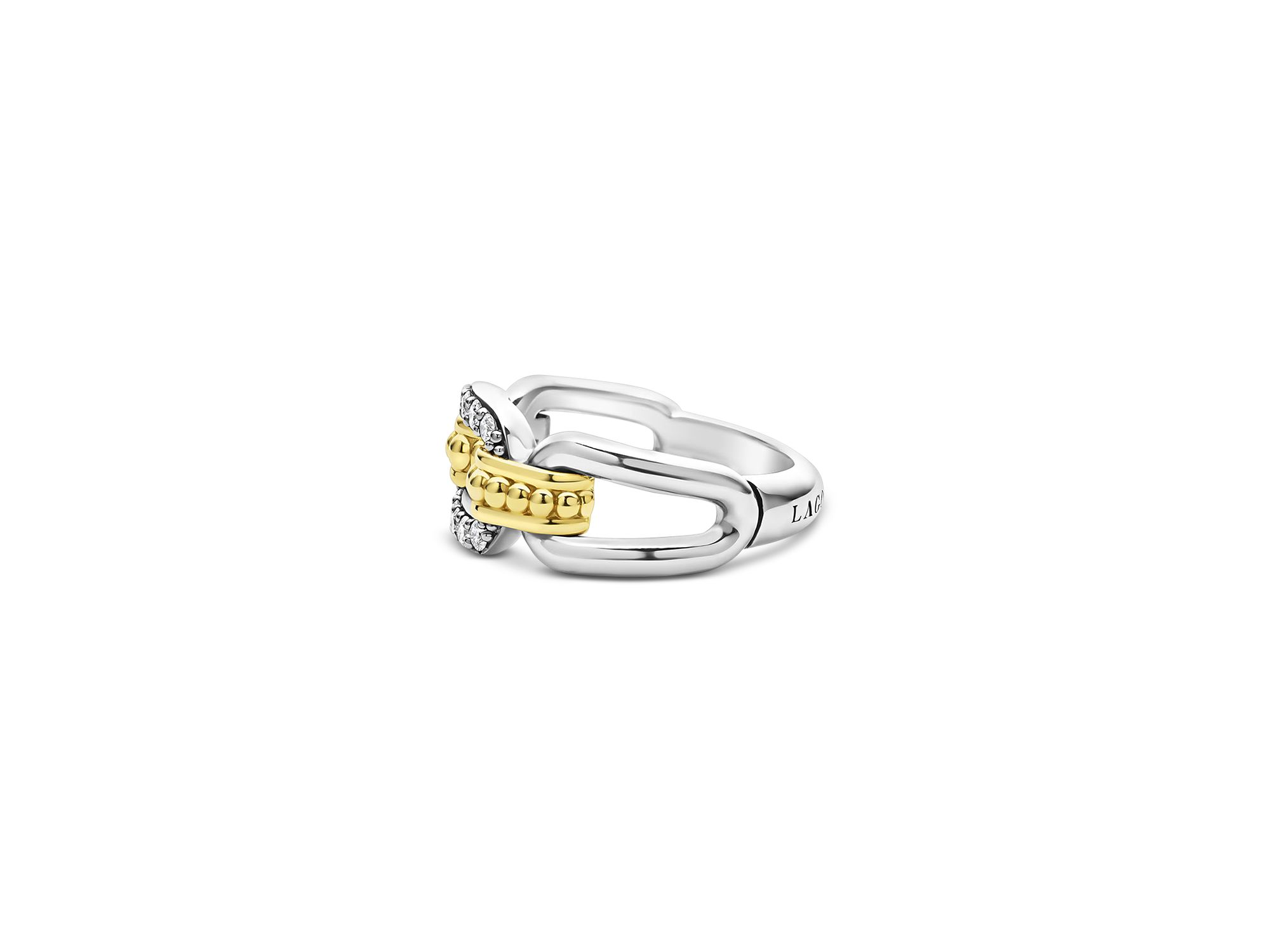 18K Yellow Gold & Sterling Silver Signature Caviar Diamond Link Statement Ring — Image 4