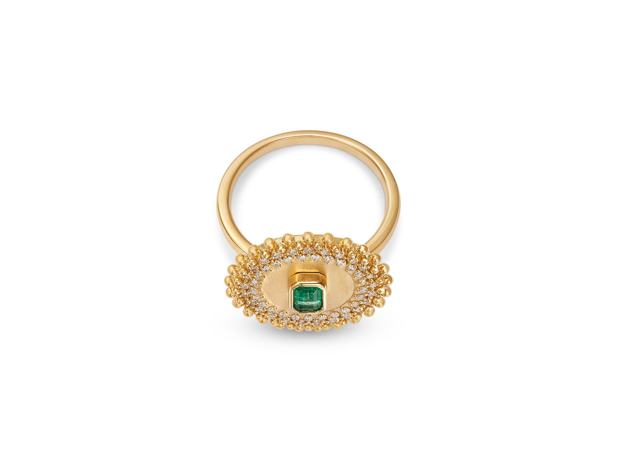 Emerald & Diamond Circle Statement Ring in 14K Yellow Gold — Image 3