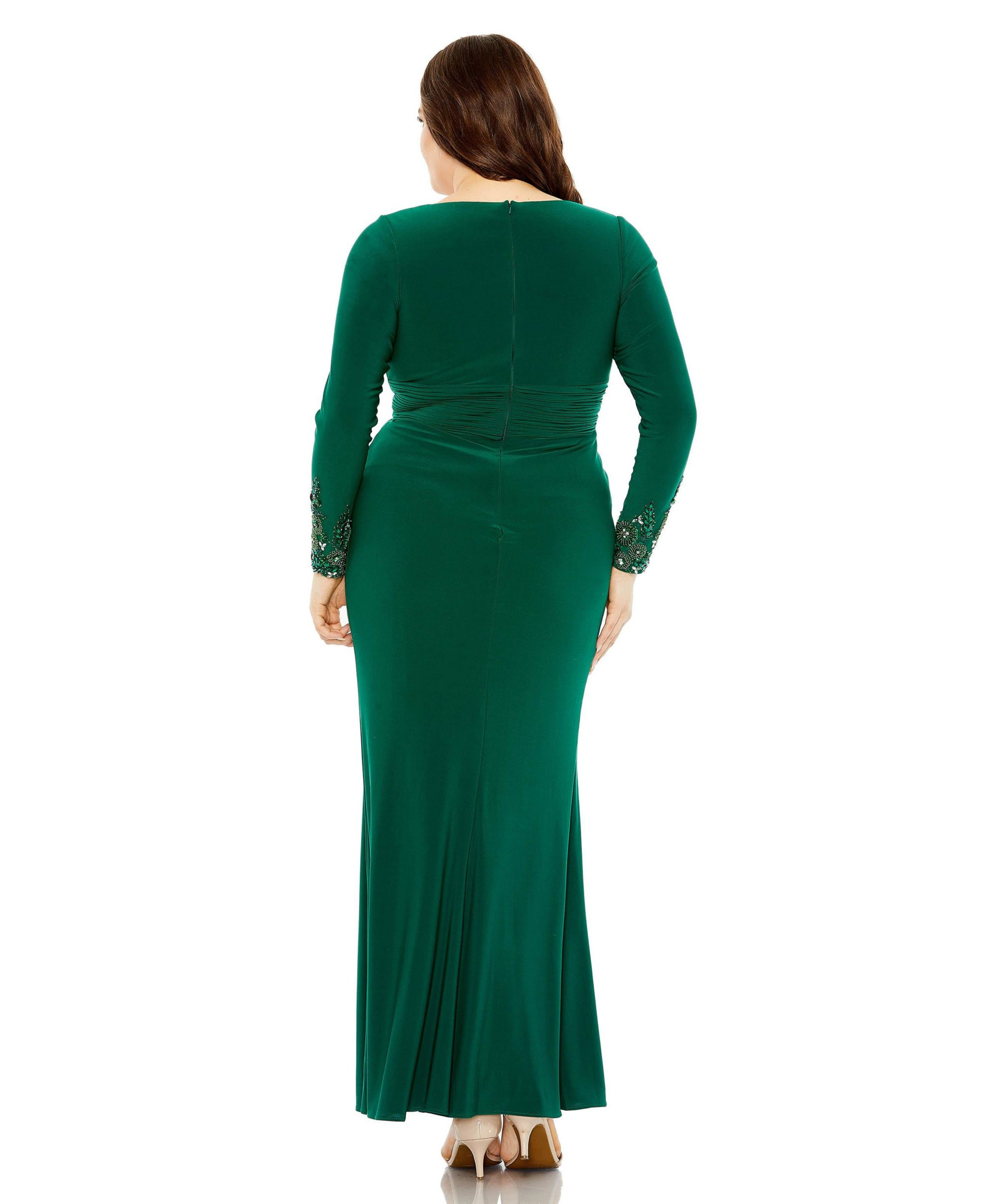 Plus Long Crystal Detail Sleeve V Neck Gown — Image 3