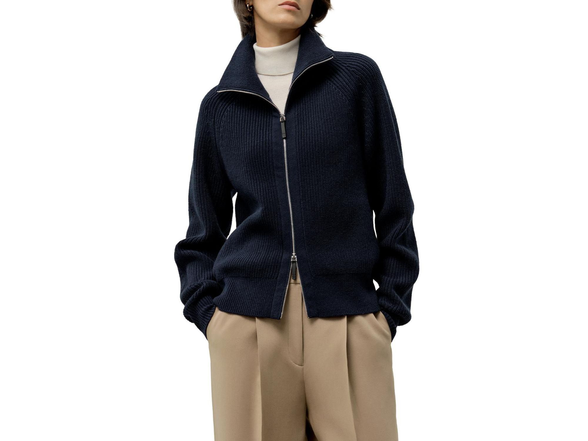 Ribbed-Knit Turtleneck Zip Cardigan - Image 1