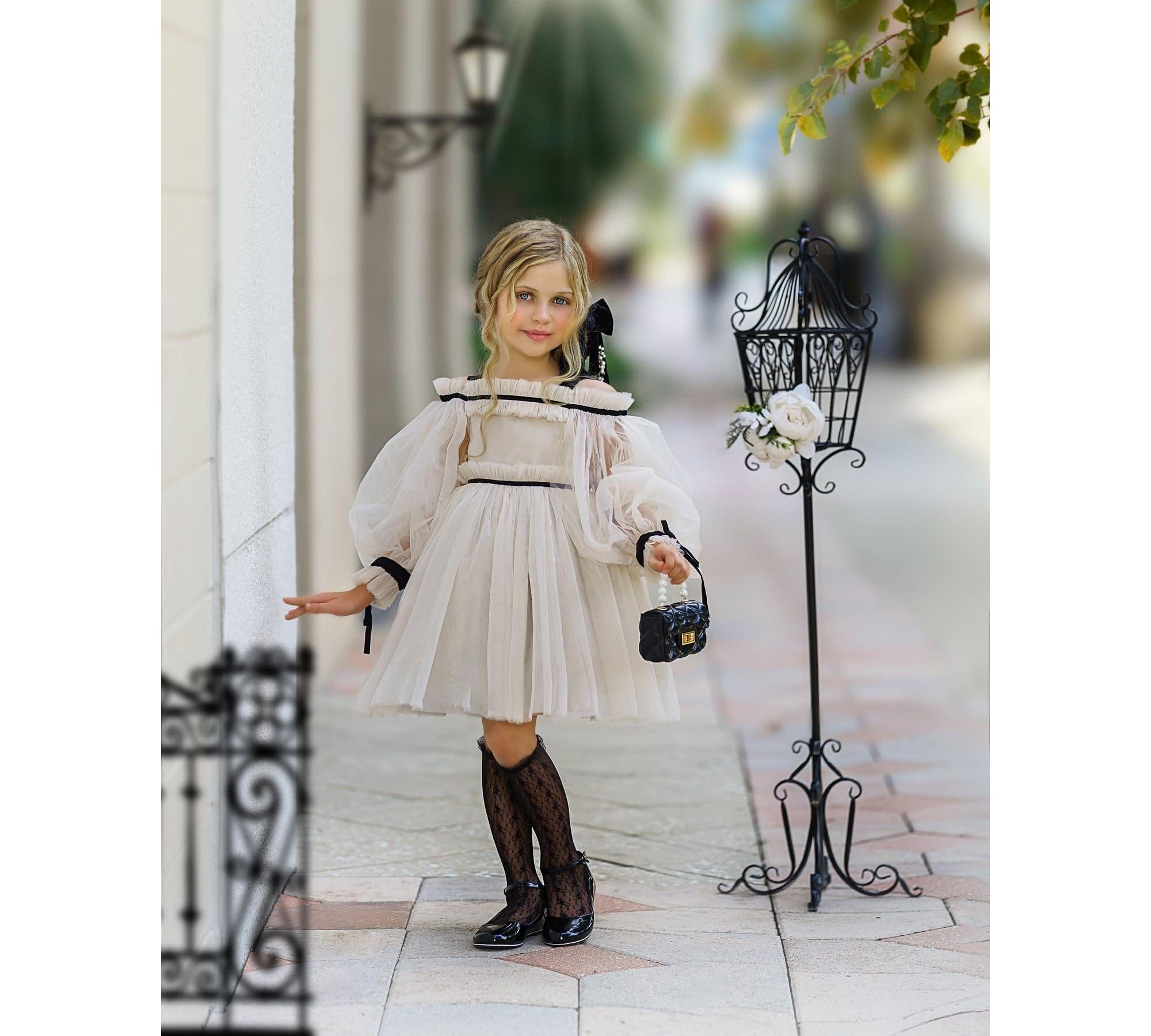 Girls' Coco Caramel Tulle Dress with Sheer Puff Tulle Sleeves - Baby, Little Kid, Big Kid — Image 4