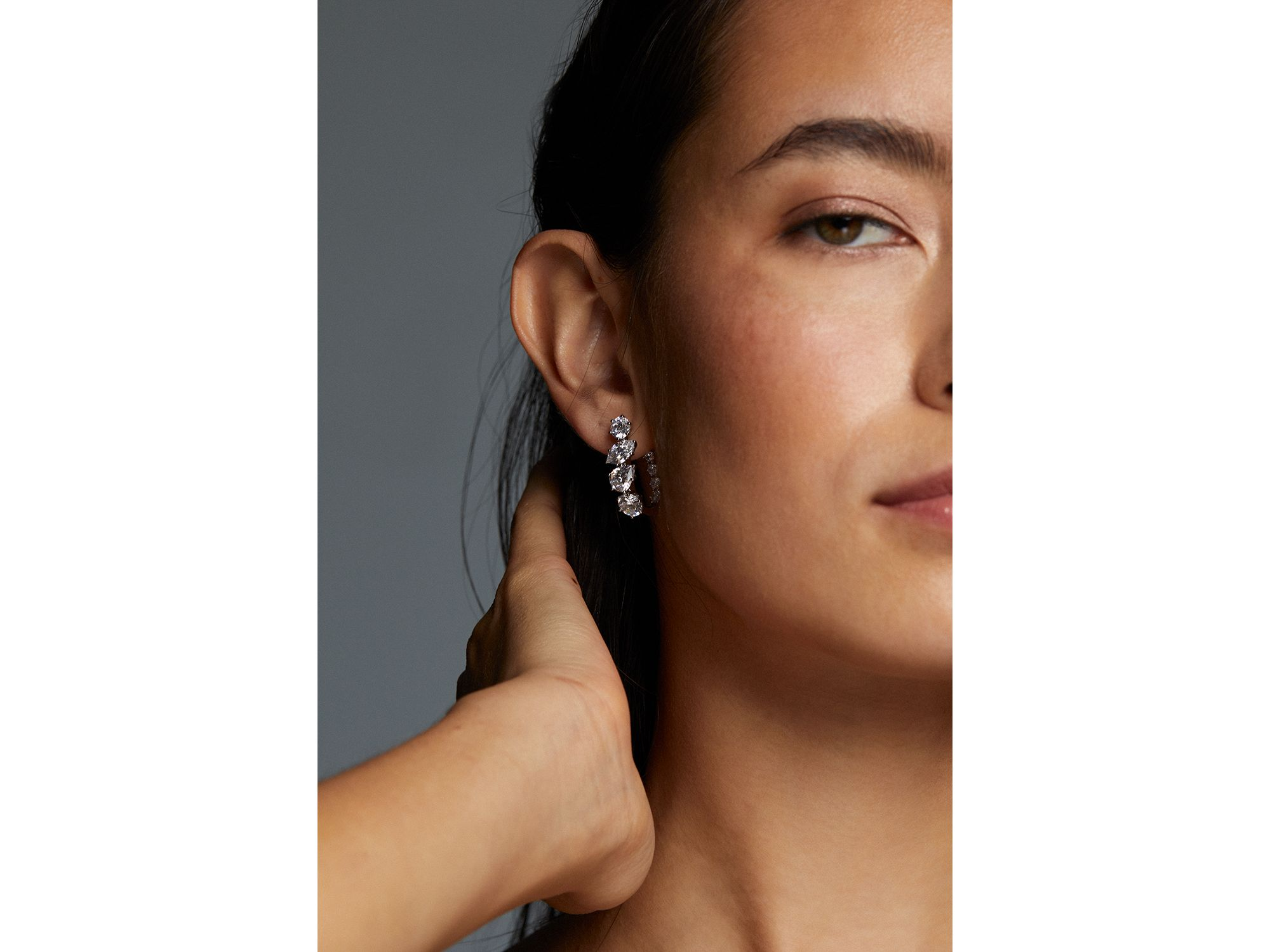 BTRX Mixed Cubic Zirconia Oval Hoop Earrings in Rhodium Plated — Image 3