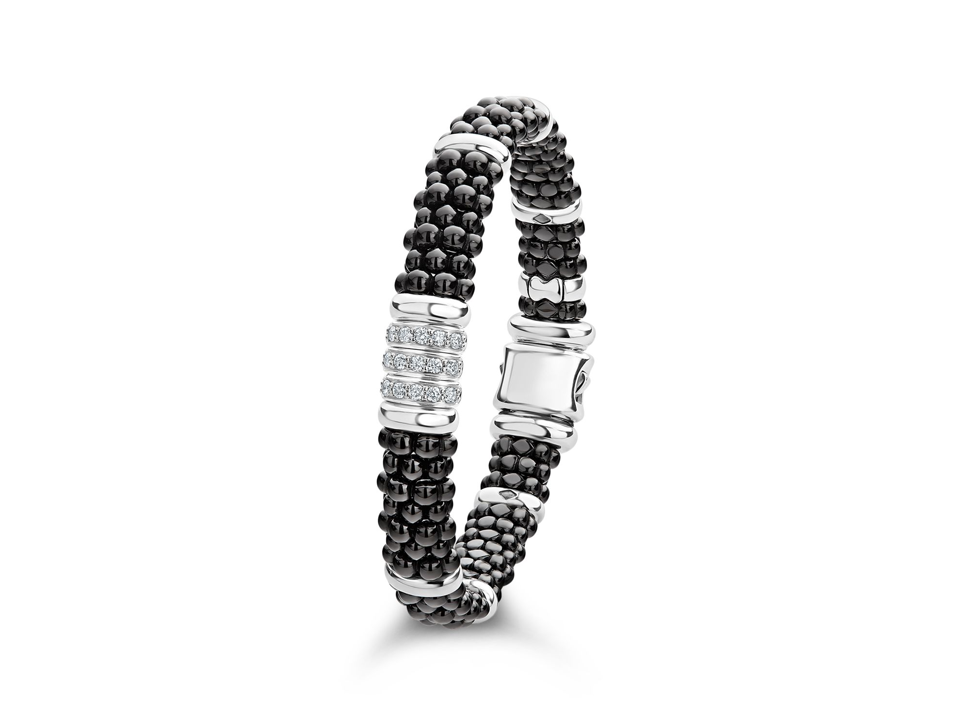 Sterling Silver Black Caviar Collection Pavé Diamond & Black Ceramic Station Bracelet — Image 5