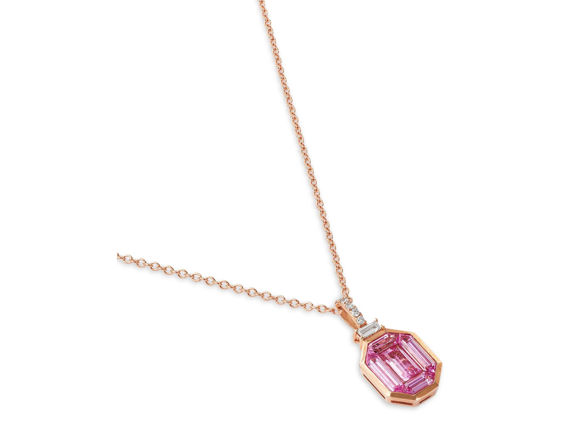 Pink Sapphire & Diamond Baguette Pendant Necklace in 14K Rose Gold, 18" — Image 3