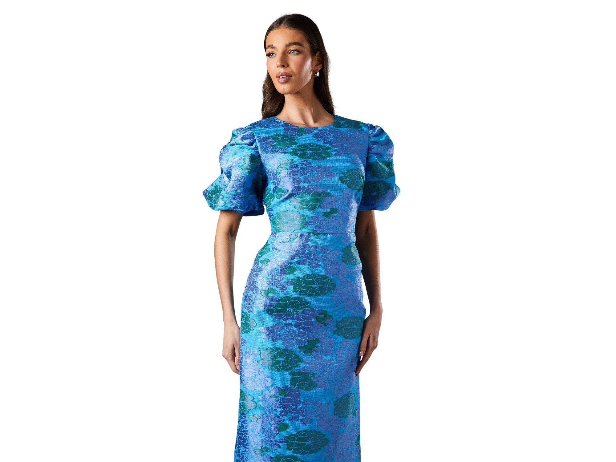Jacquard Floral Puff Sleeve Midi Dress — Image 3