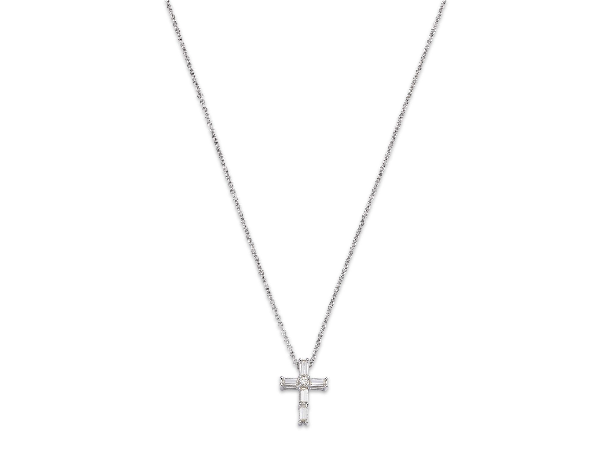 Diamond Baguette & Round Cross Pendant Necklace in 14K Yellow Gold, 0.16 tcw — Image 4