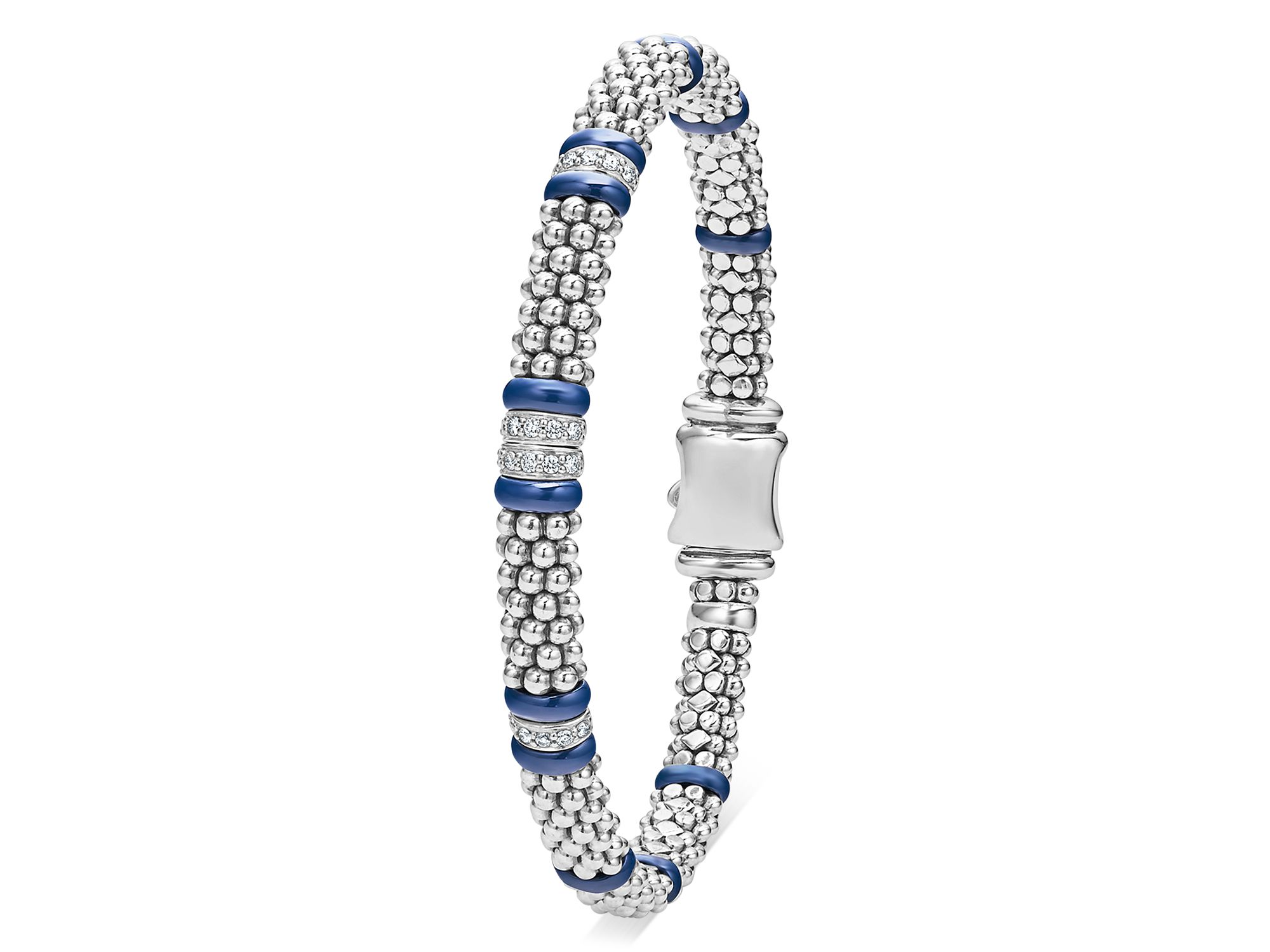 Four Station Diamond Blue Caviar Bracelet in Sterling Silver — Image 3