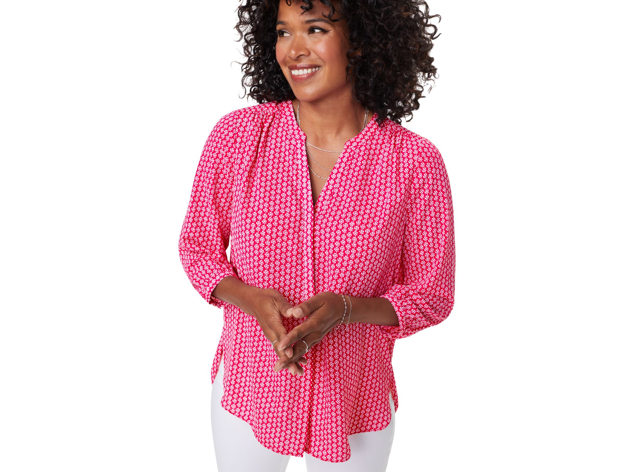Three Quarter Sleeve Printed Pintucked Back Blouse — Image 3