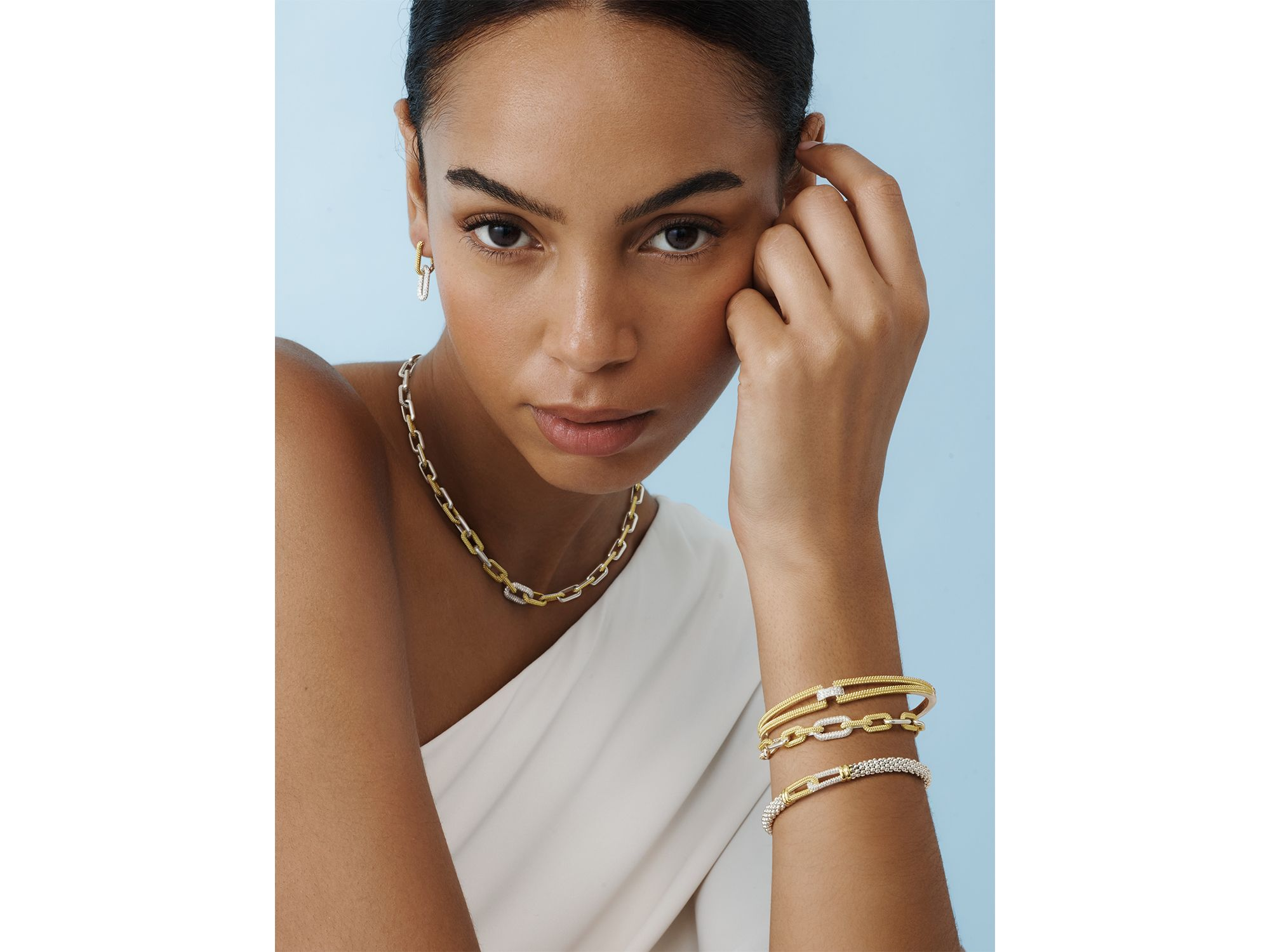 18K Yellow Gold & Silver Caviar Lux-Clip Diamond Link Bracelet - Exclusive — Image 3