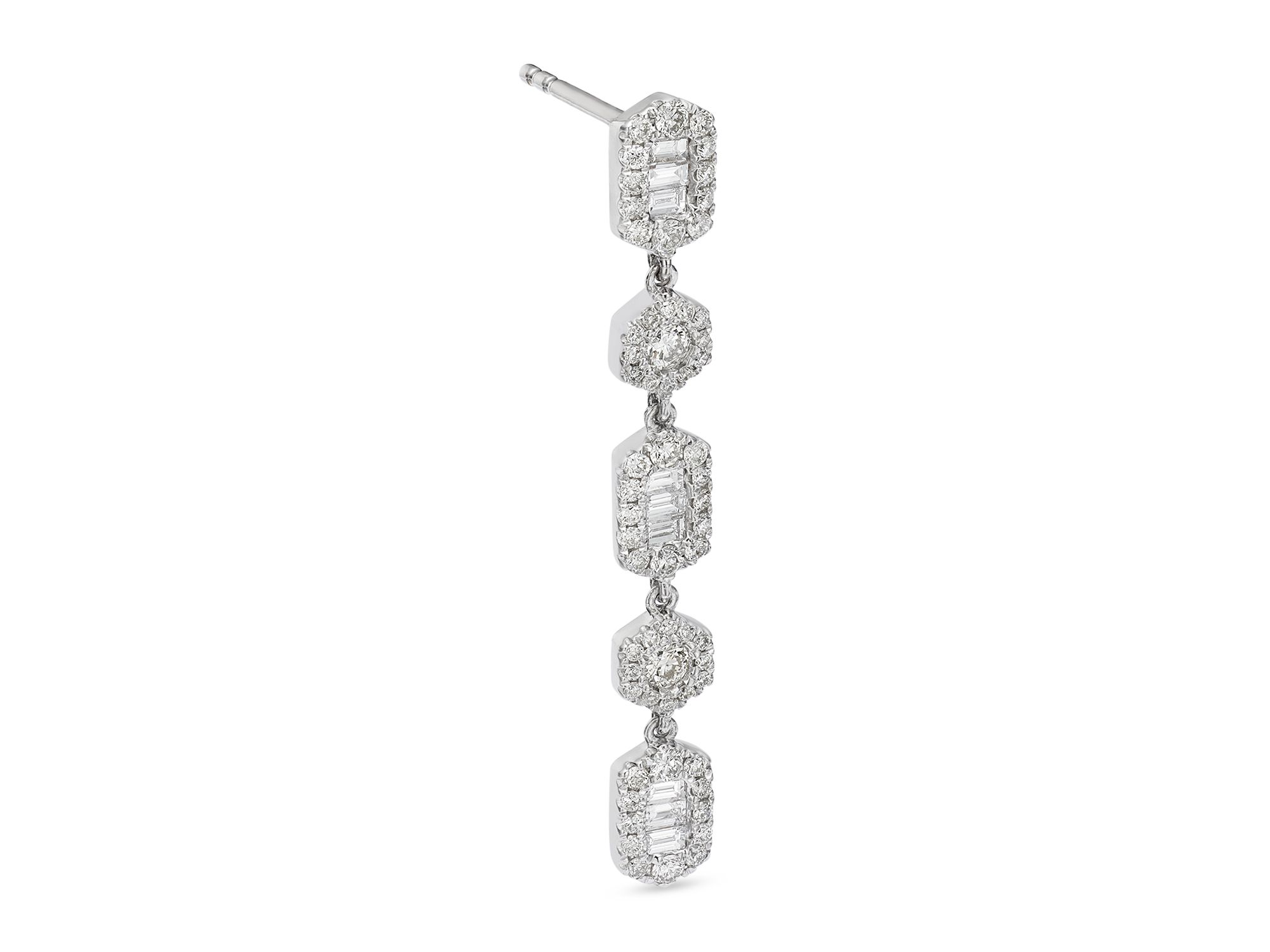 Diamond Round & Baguette Cluster Linear Drop Earrings in 14K White Gold, 0.94 tcw — Image 3