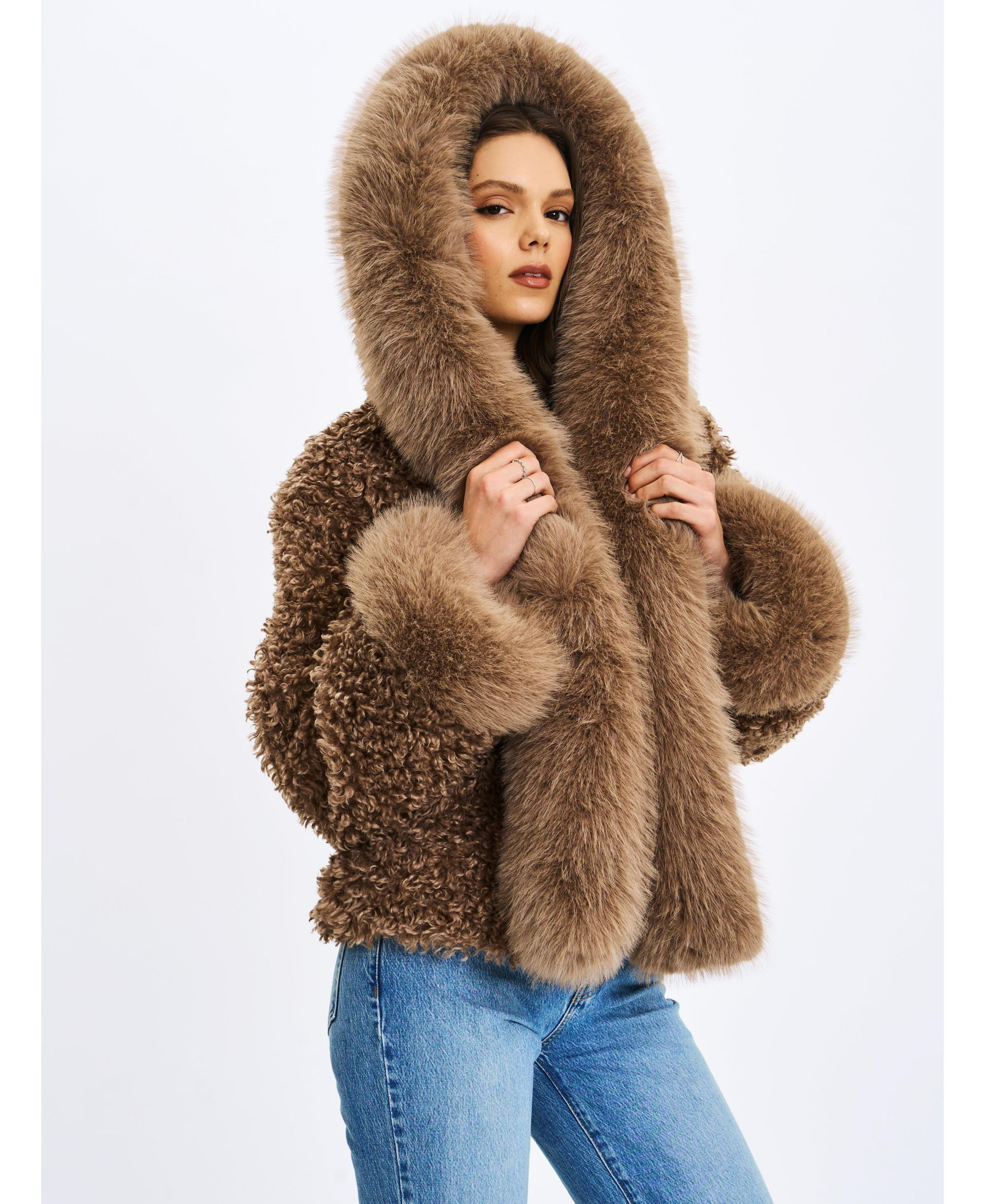 Kali Jumbo Faux Fur Trimmed Teddy Coat with Hood — Image 5
