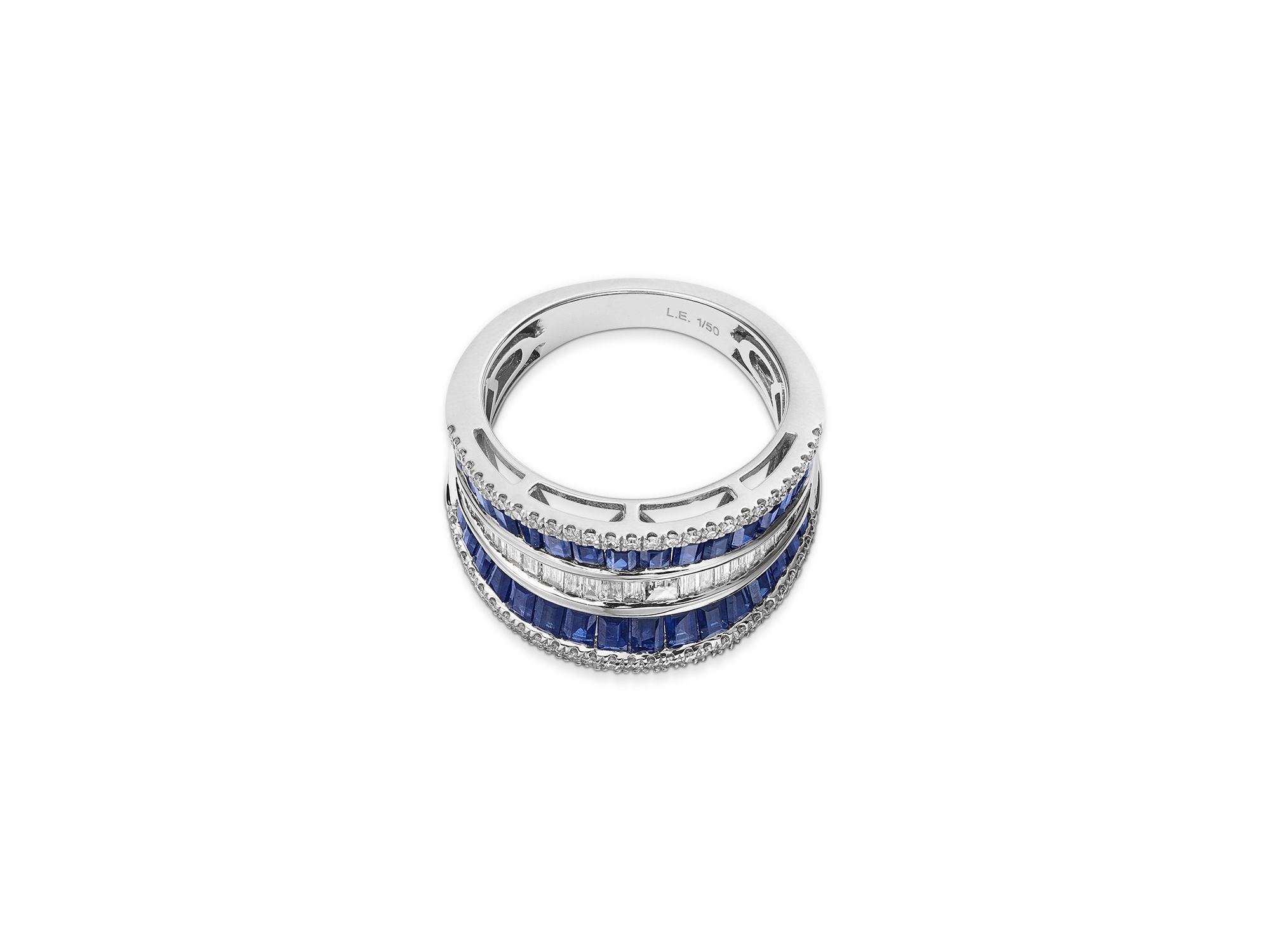 Limited Edition Blue Sapphire & Diamond Multirow Ring in 14K White Gold — Image 3