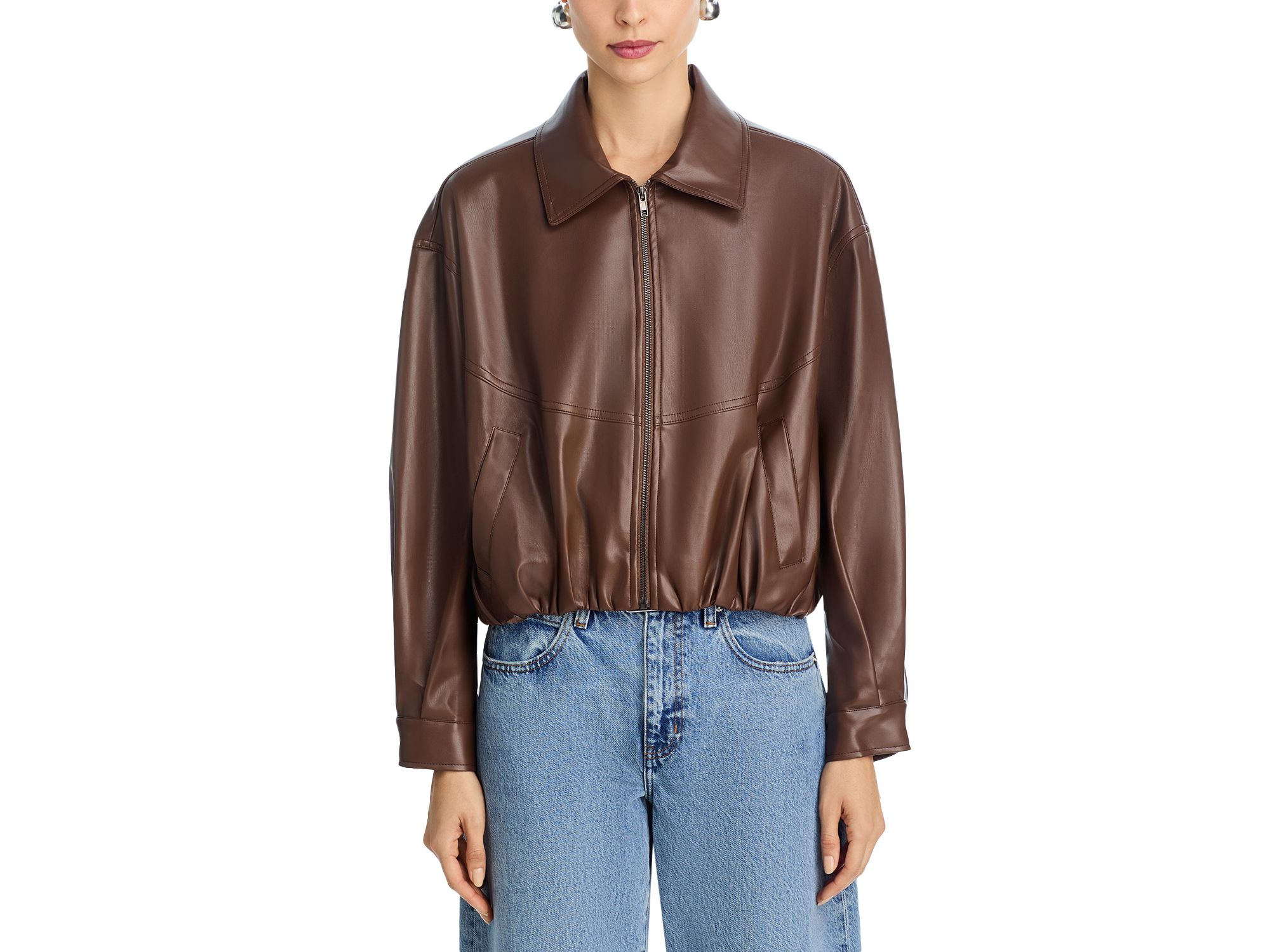 Faux Leather Bubble Hem Bomber Jacket - Exclusive — Image 3