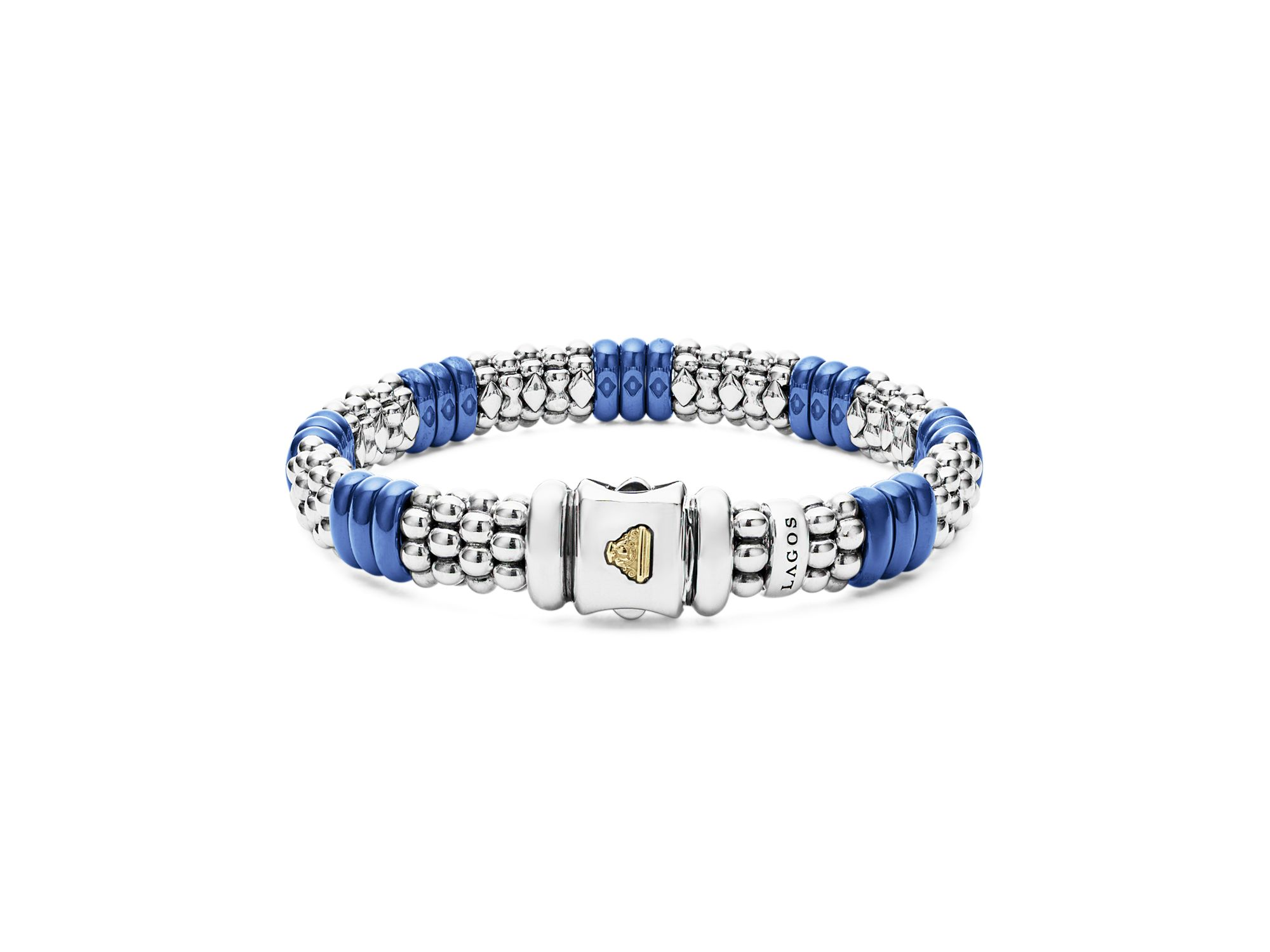 18K Yellow Gold & Sterling Silver Blue Ceramic Rondelle & Caviar Bead Statement Bracelets — Image 5