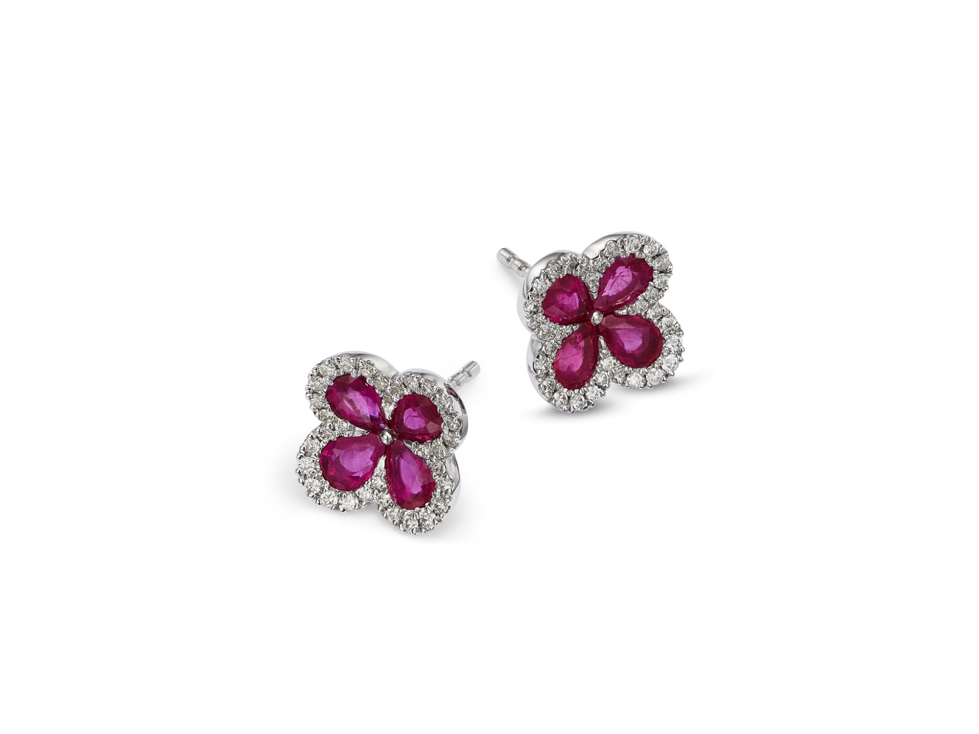 Ruby & Diamond Clover Earrings in 14K White Gold 0.21 tcw — Image 3