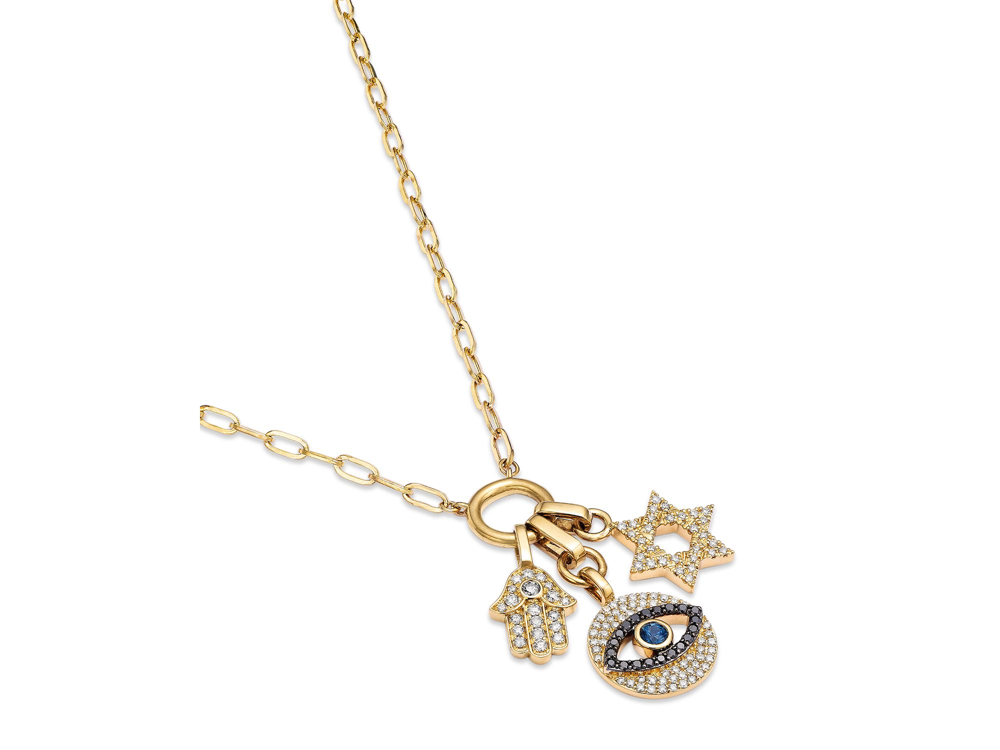 Blue Sapphire & Black & White Diamond Evil Eye, Hamsa, and Star of David Charm Necklace with a Paperclip Chain in 14K Yellow Gold, 18" — Image 3