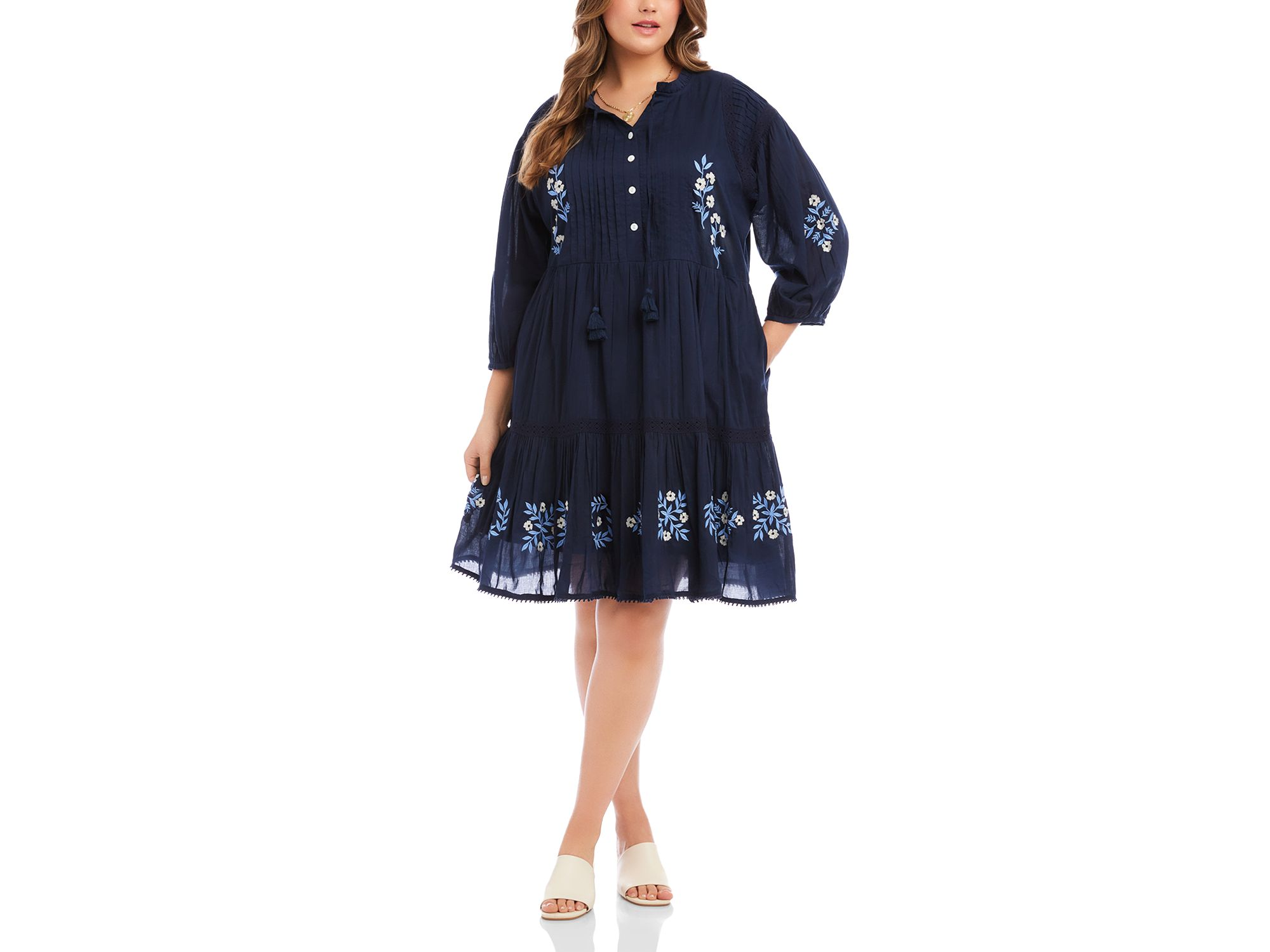 Plus Size Blouson Sleeve Embroidered Lace Trim Tiered Dress — Image 4