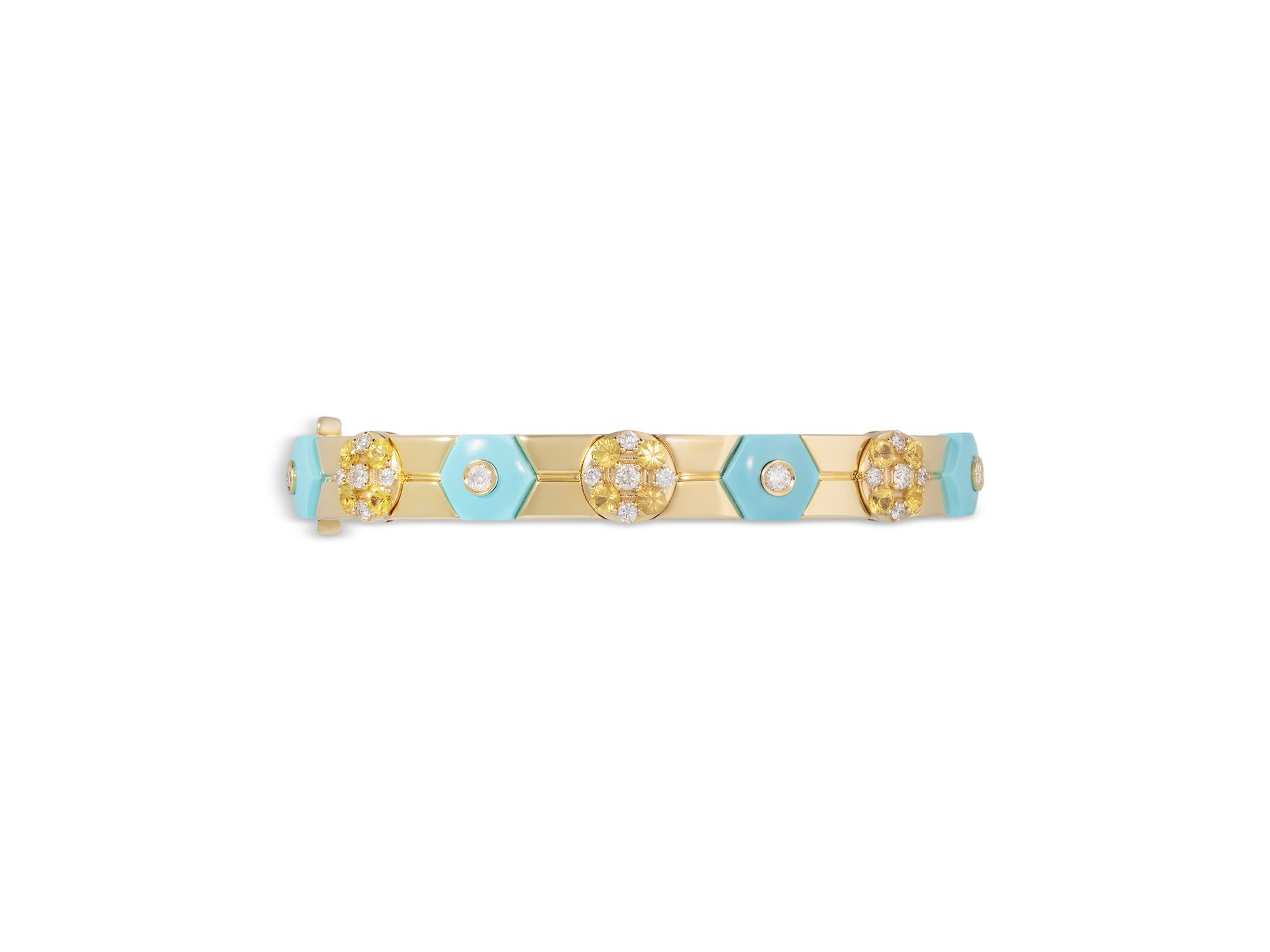 18K Yellow Gold Baia Bangle Bracelet with Diamonds, Yellow Sapphire & Turquoise — Image 4