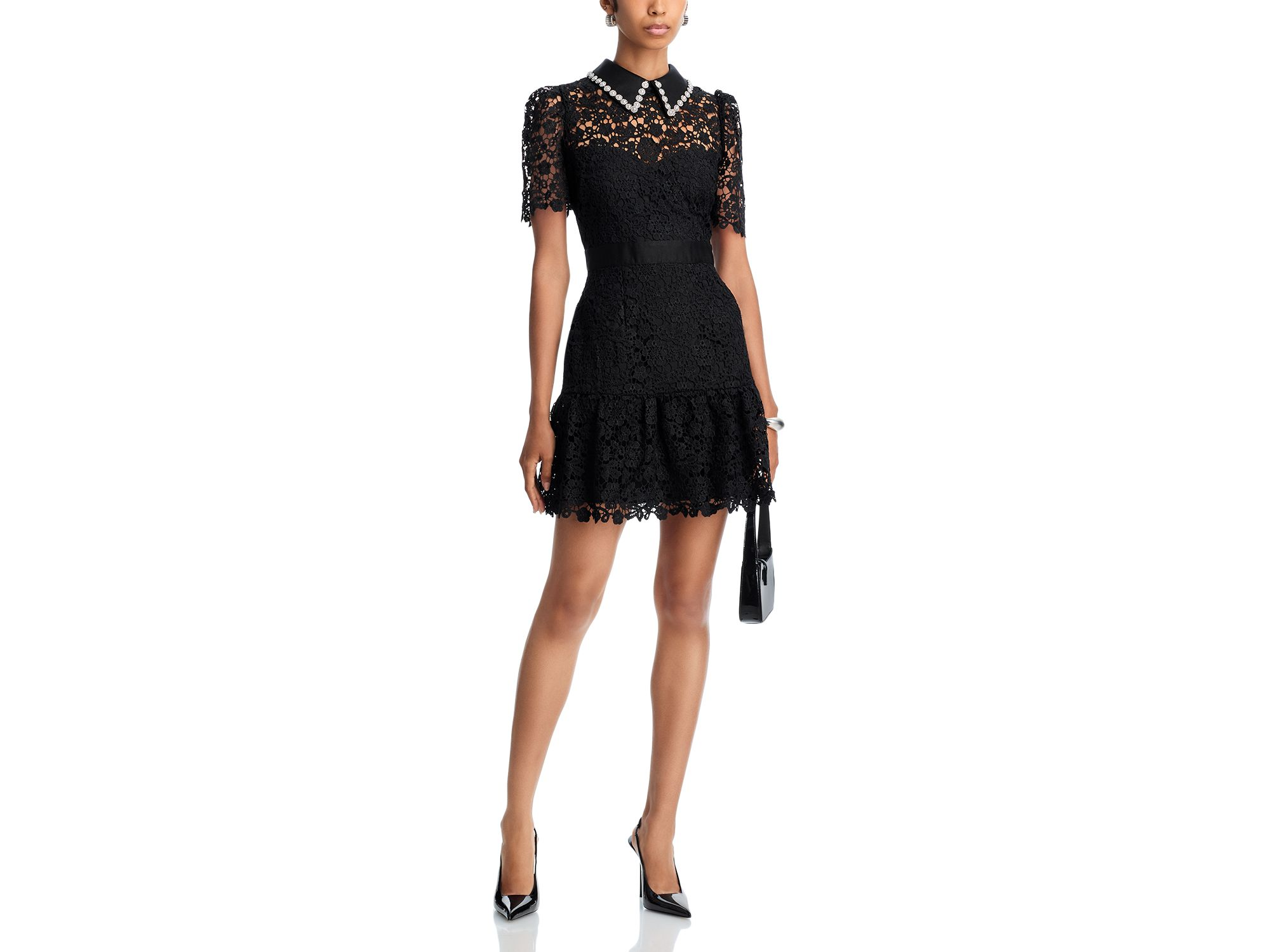 Pearl Trim Short Sleeve Lace Mini Dress - Exclusive — Image 5