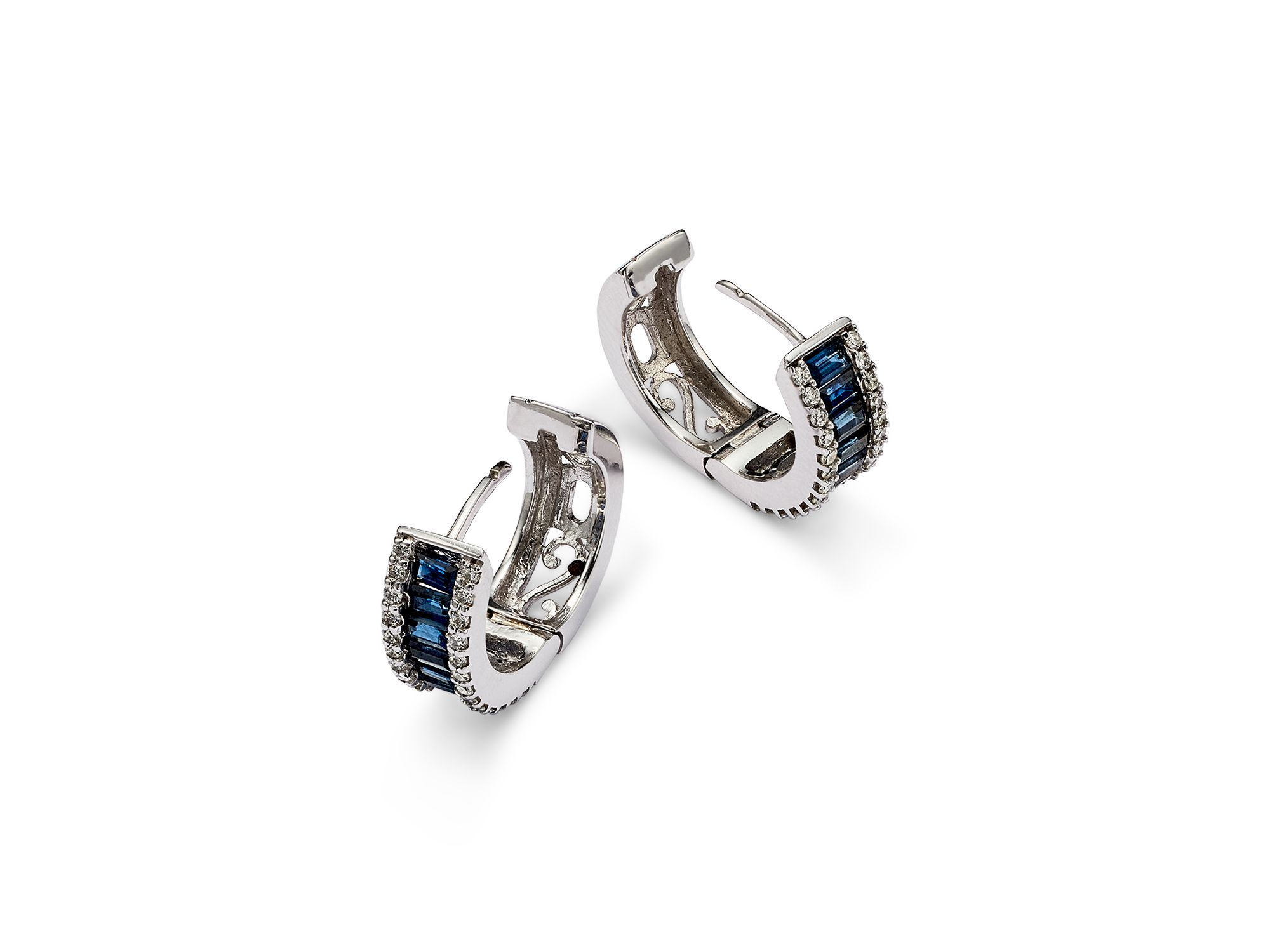 Blue Sapphire and Diamond Hoop Earrings in 14K White Gold — Image 3
