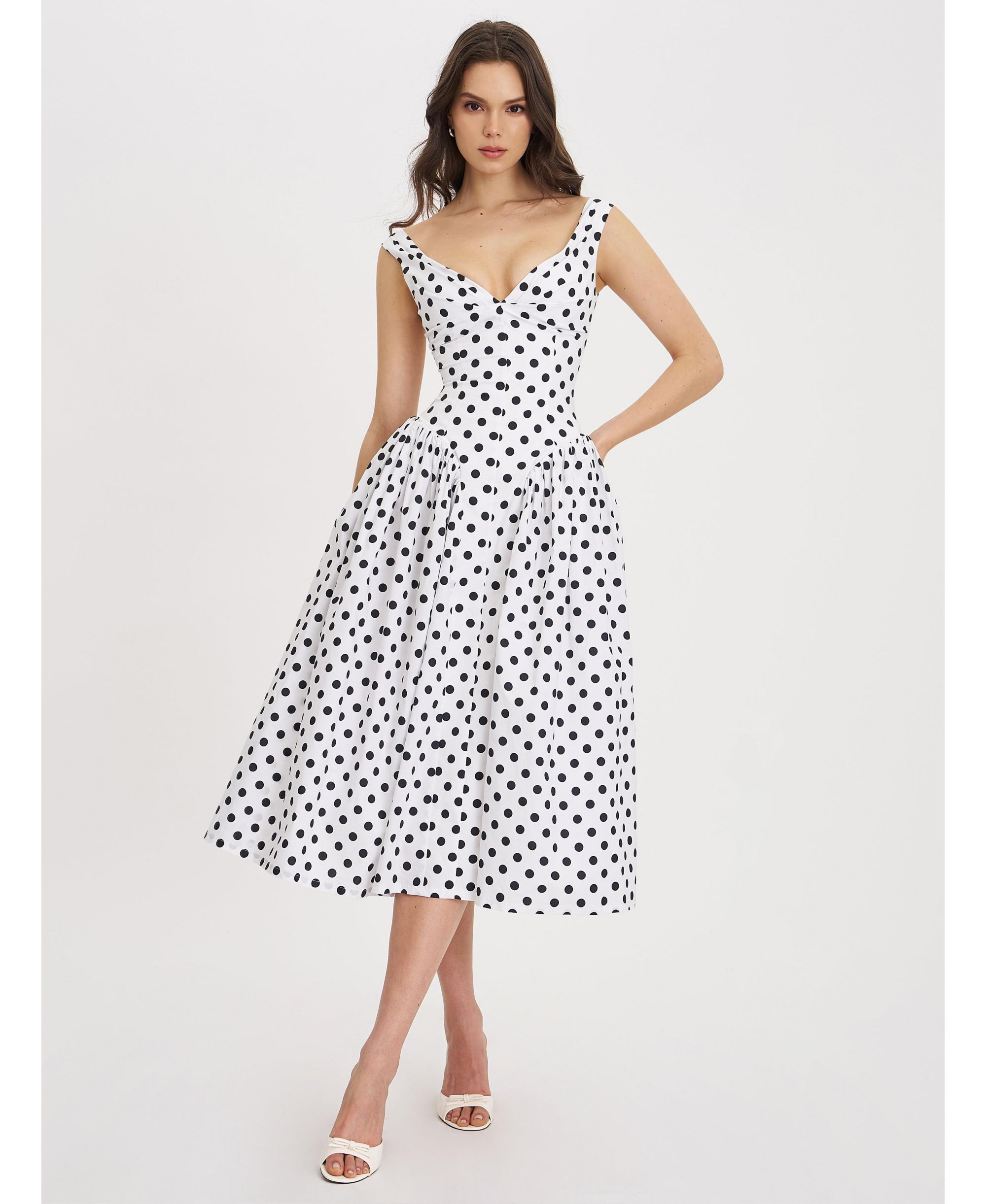 Rahma Polka Dot Drop Waist Midi Cotton Poplin Dress — Image 4