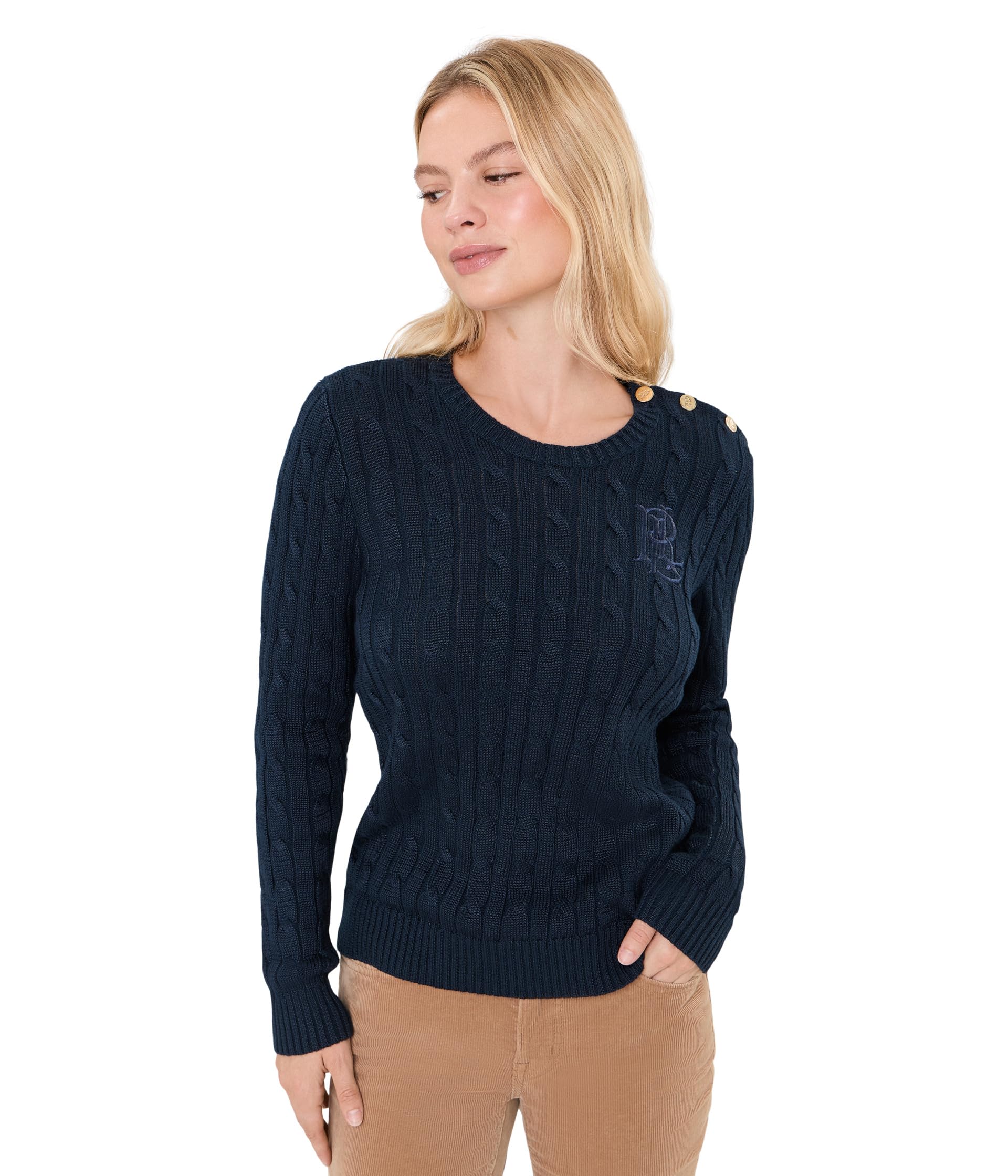 Petite Button-Trim Cable-Knit Sweater