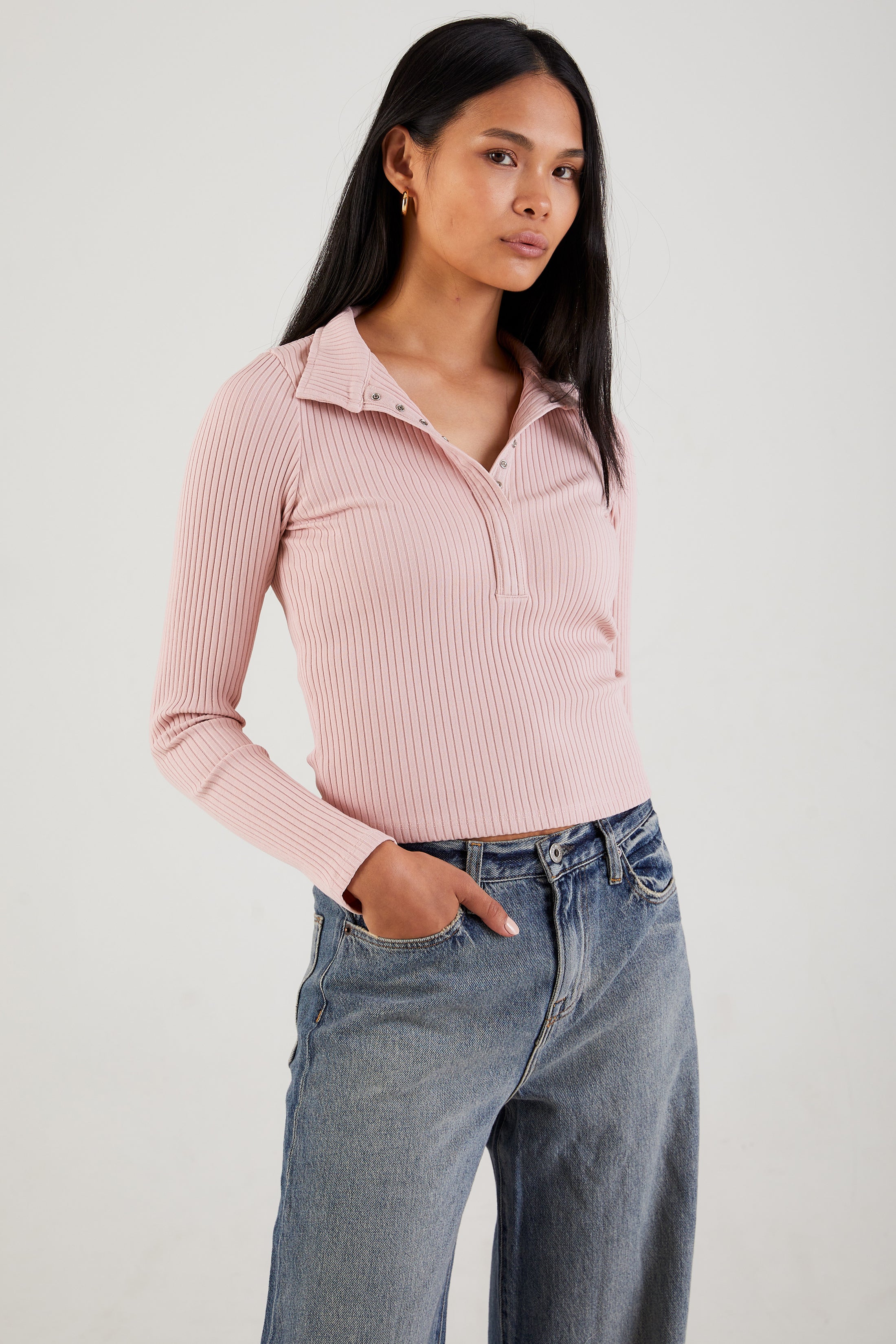 AIi Rib Long Sleeve Crop Snap Polo