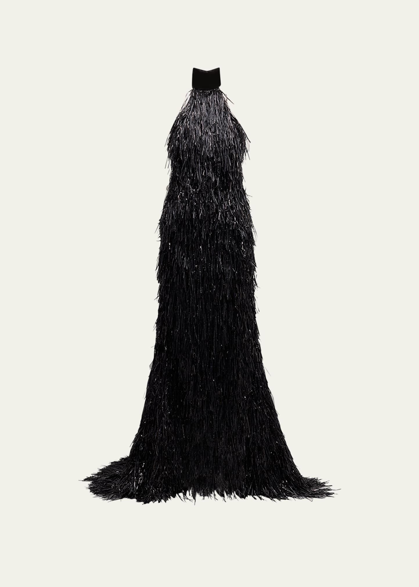 Mock-Neck Halter Fringe Gown