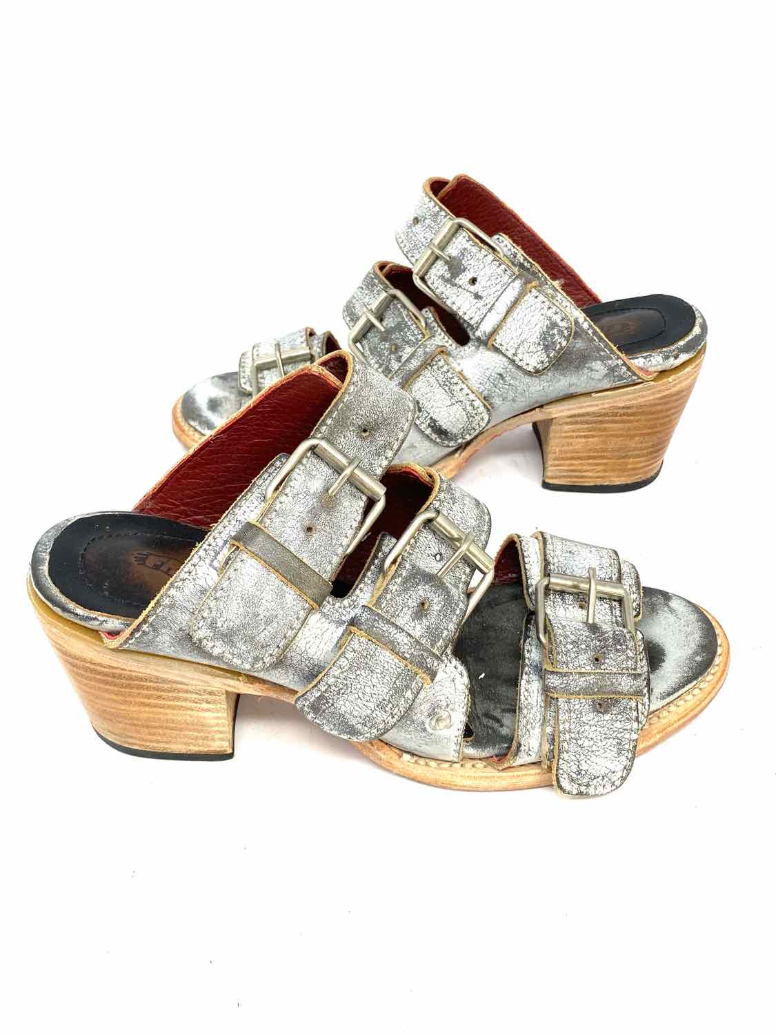 Quincy Women's Gray Size 7 Block Heel Leather Buckle Sandals