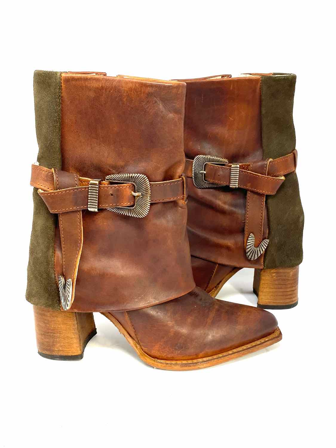 Jylina Women's Green Brown Size 8 Covered Leather Buckle Boots