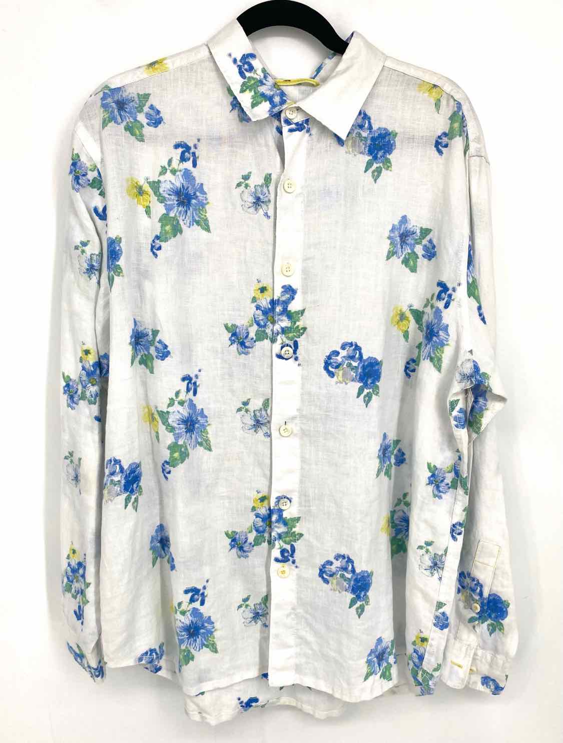 Men's White Floral Size L Button Down Long Sleeve Shirt
