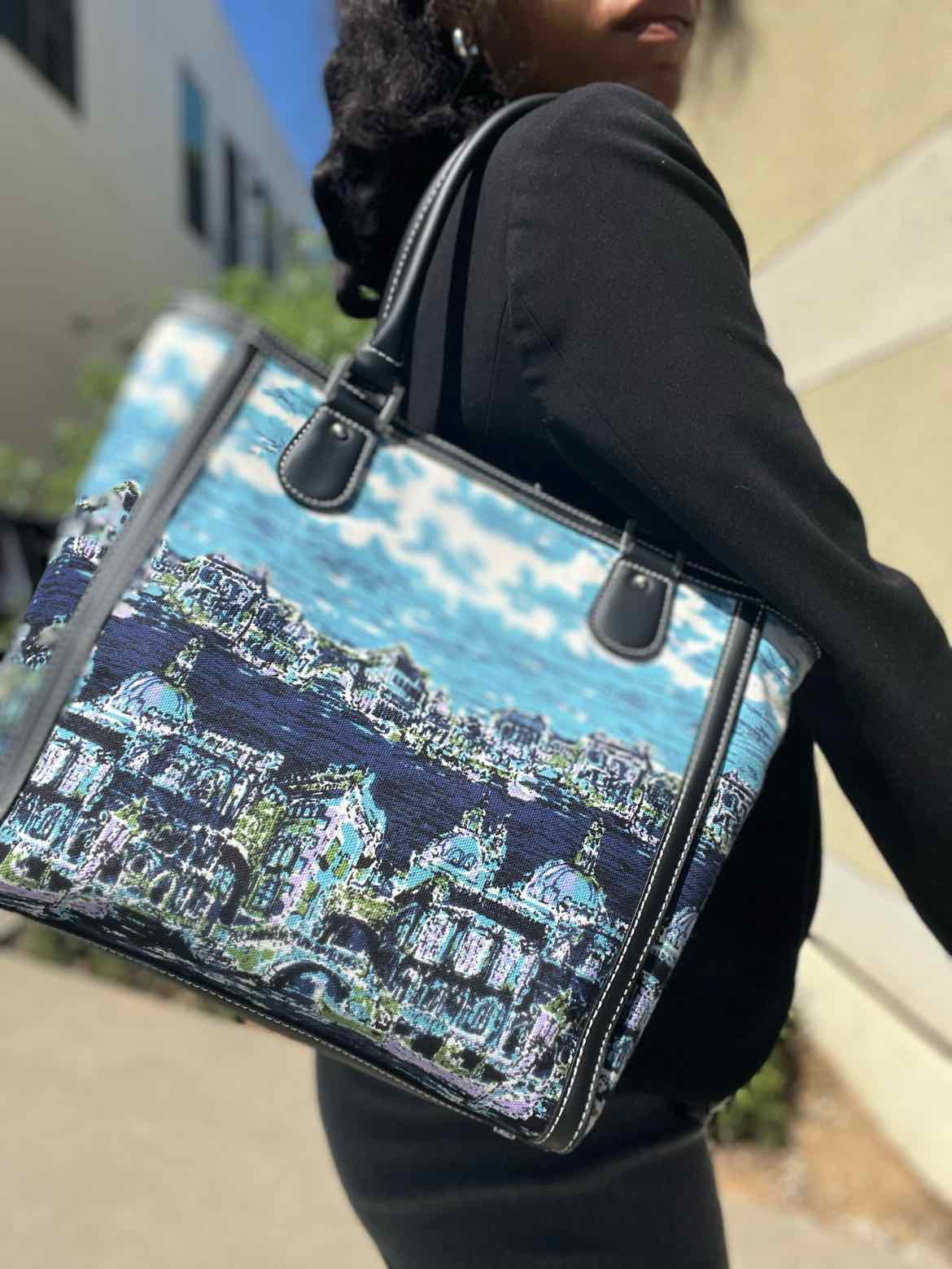 Venice Waterscape Canvas Blue Tote