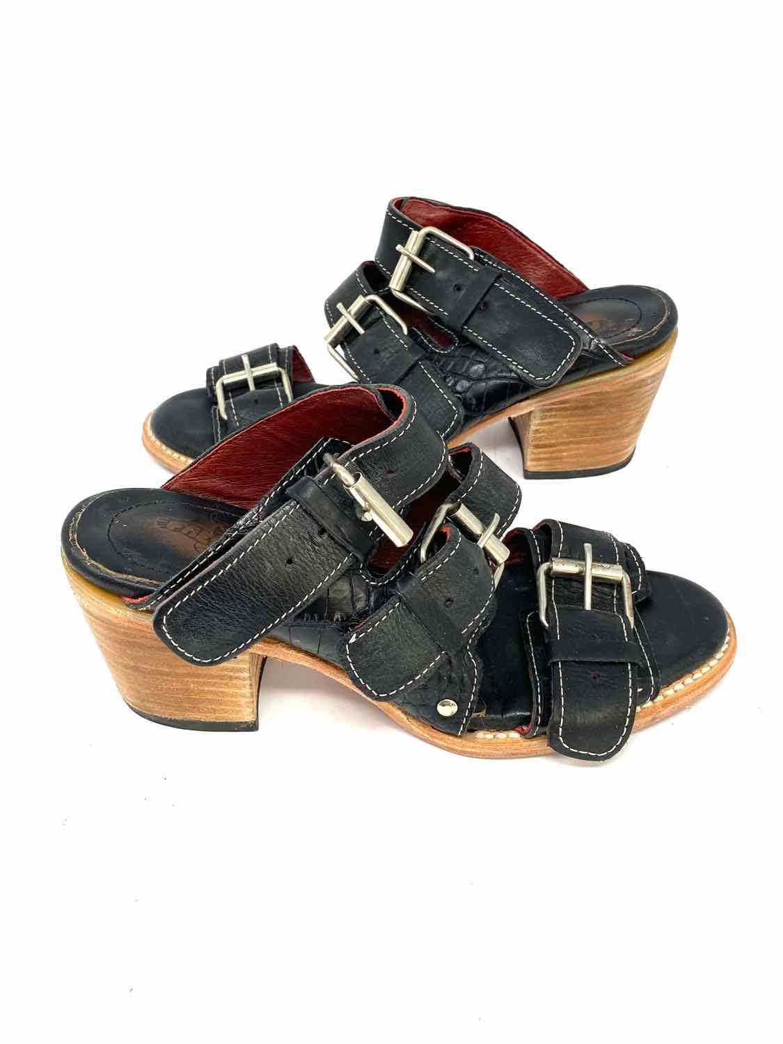 Quincy Women's Black Size 7 Block Heel Leather Buckle Sandals