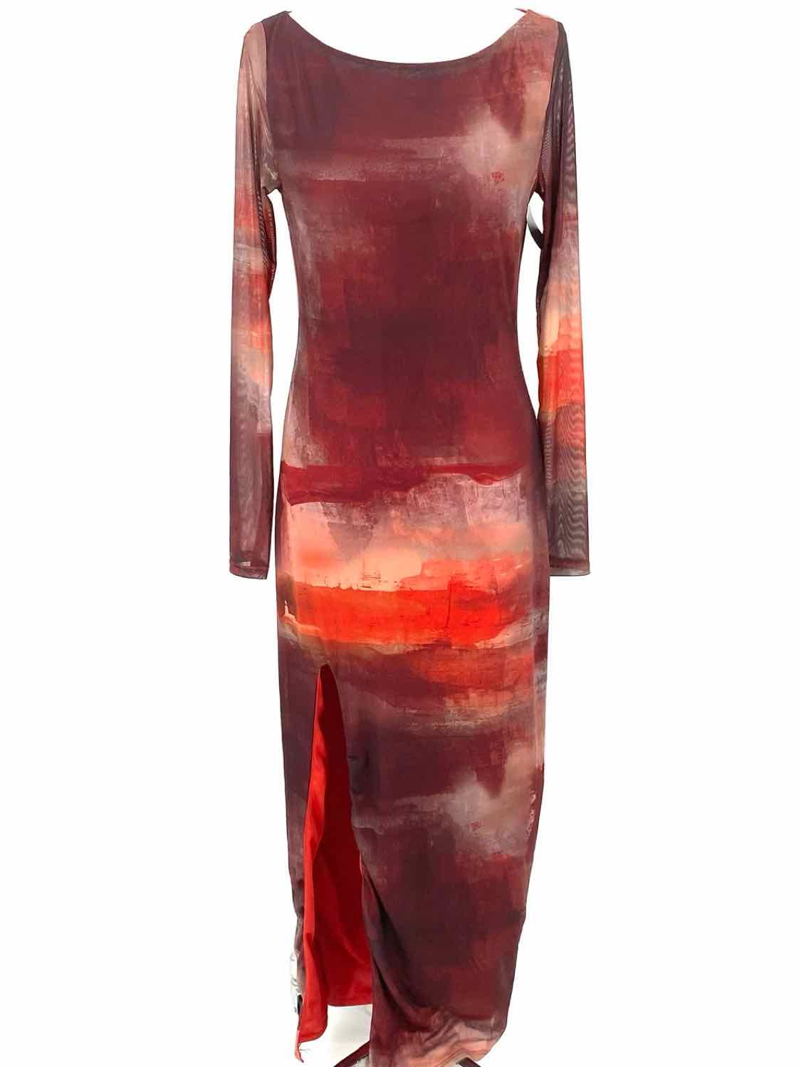 Women's Red Brown Size S Long Sleeve Mesh Abstract Dress