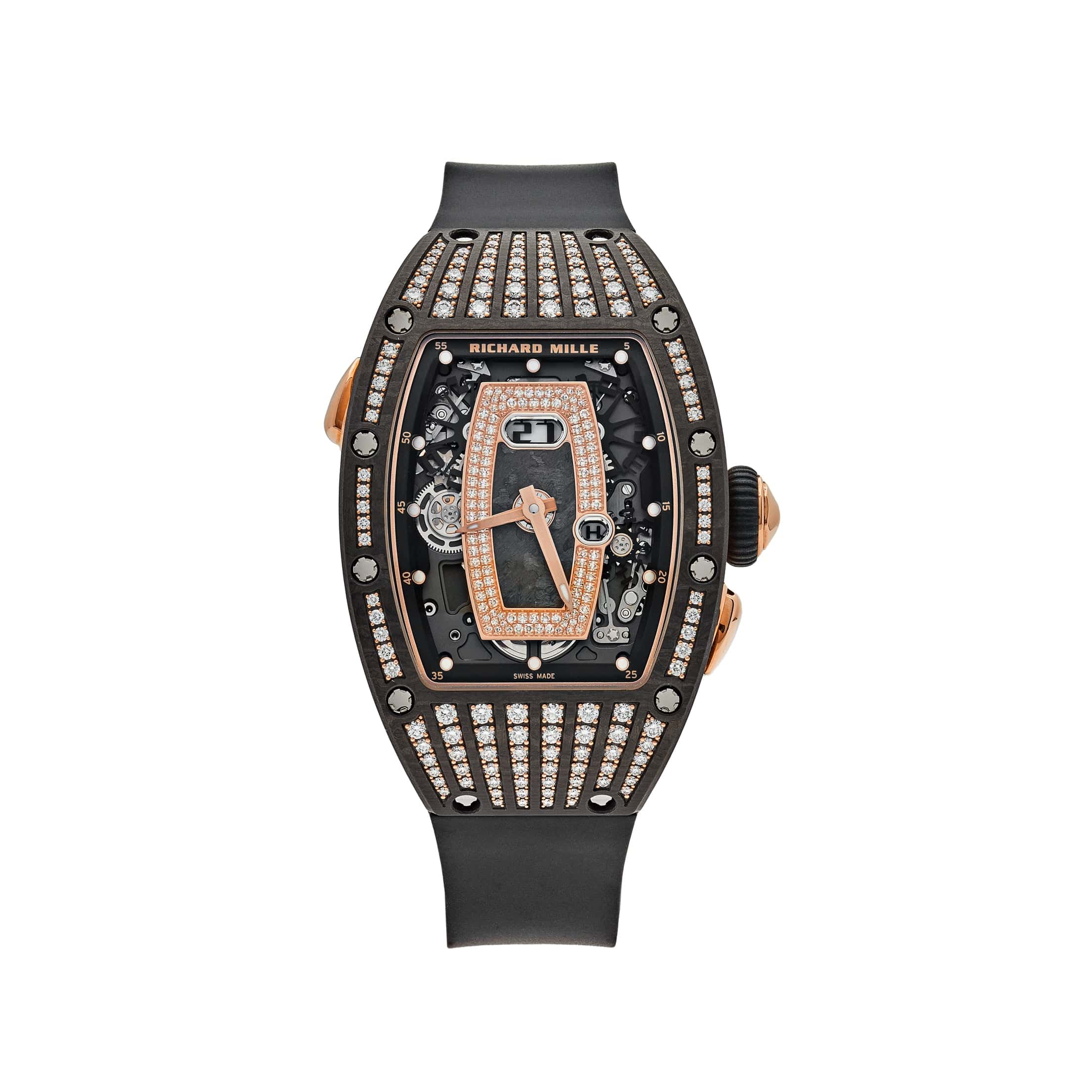 RM 037 'Ladies' Rose Gold Carbon TPT Diamond Set Skeleton Dial