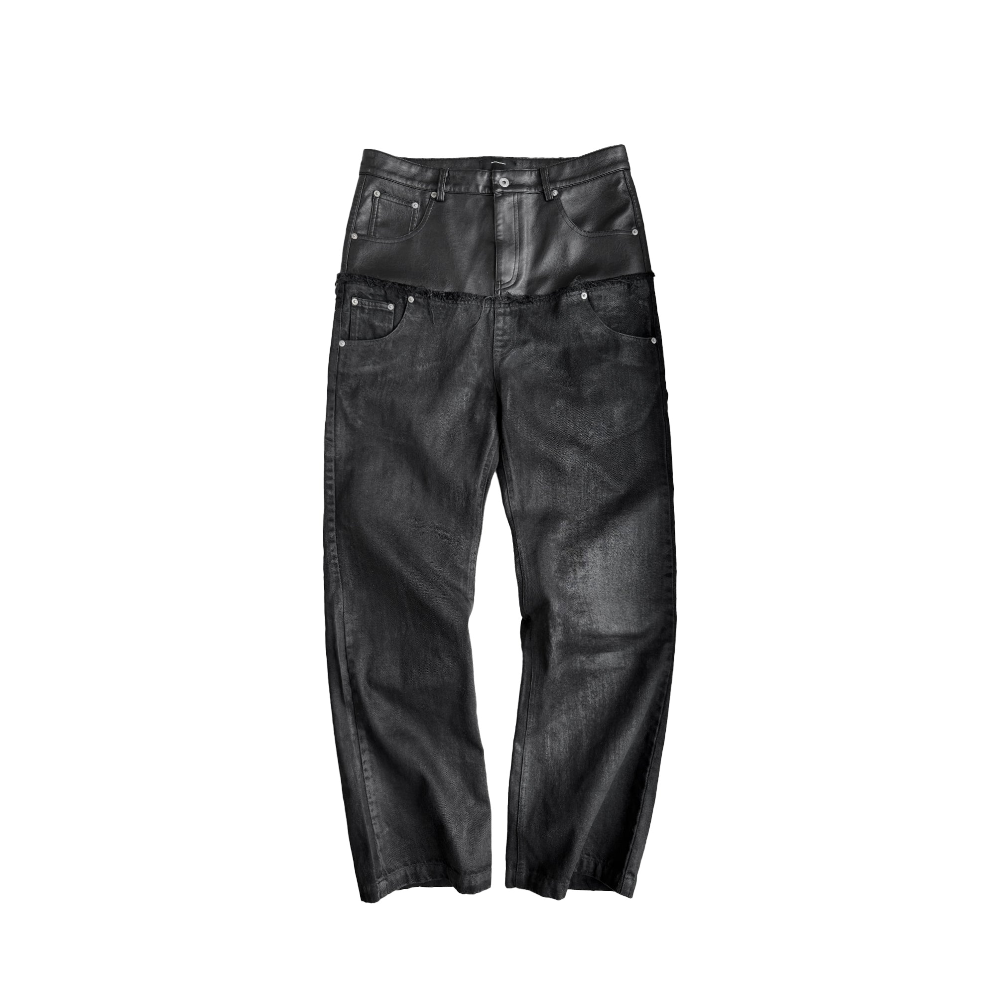 Washed Faux Leather-Spliced Double-Waistband Distressed Jeans