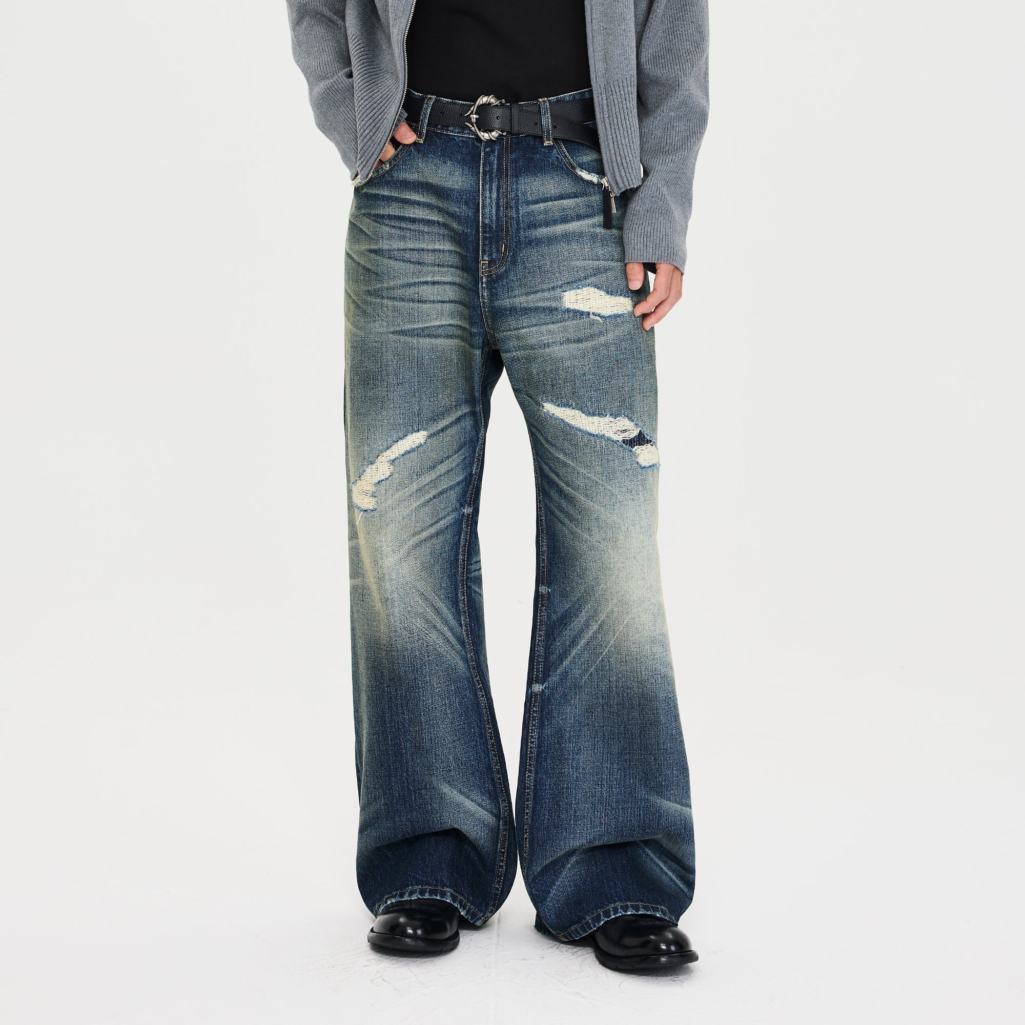 Distressed Wrinkled Washed Wide-Leg Jeans