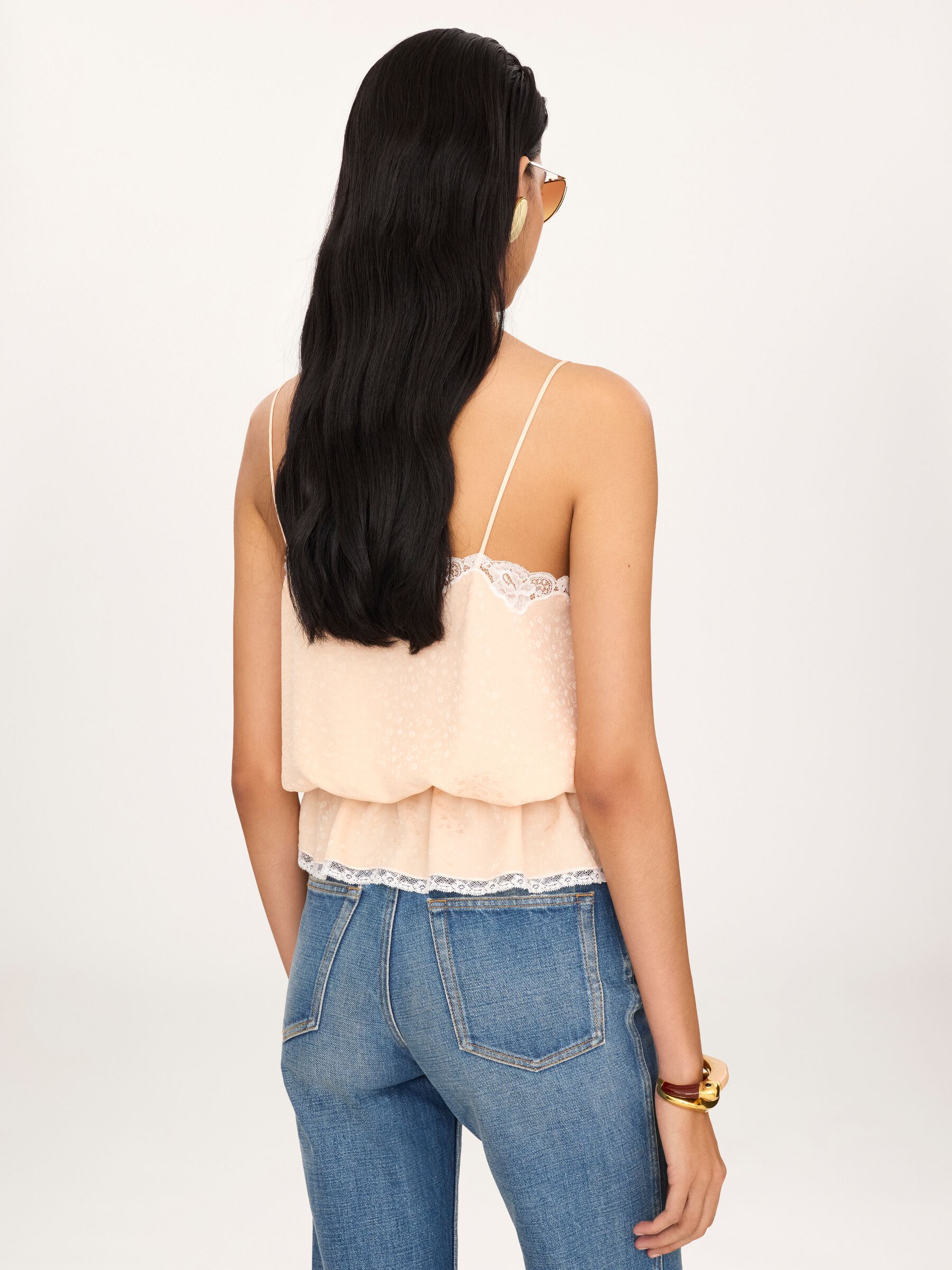 Drawstring camisole top in silk jacquard & lace, image 3 of 6