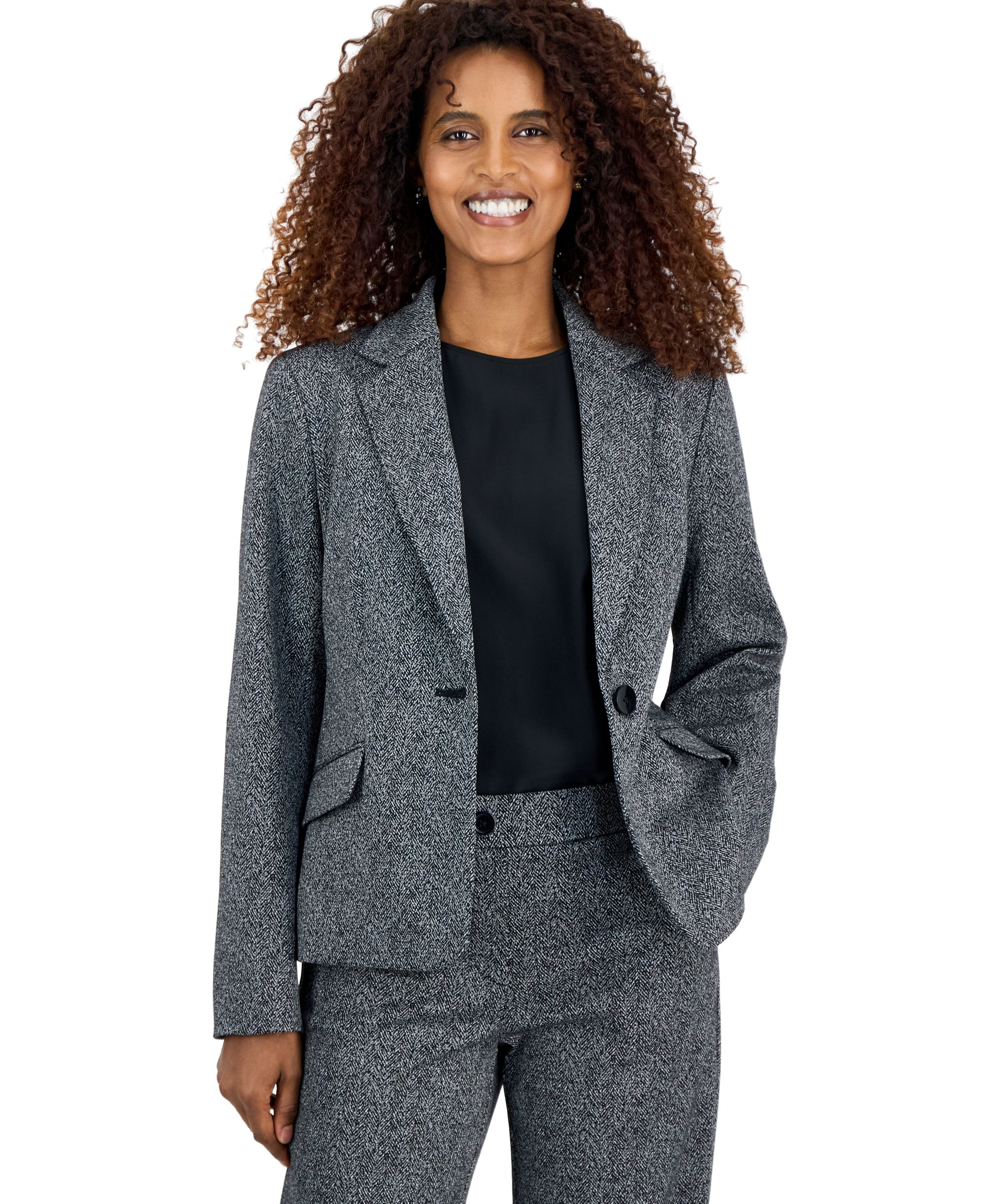 Women's Herringbone One Button Flap Pocket Blazer
