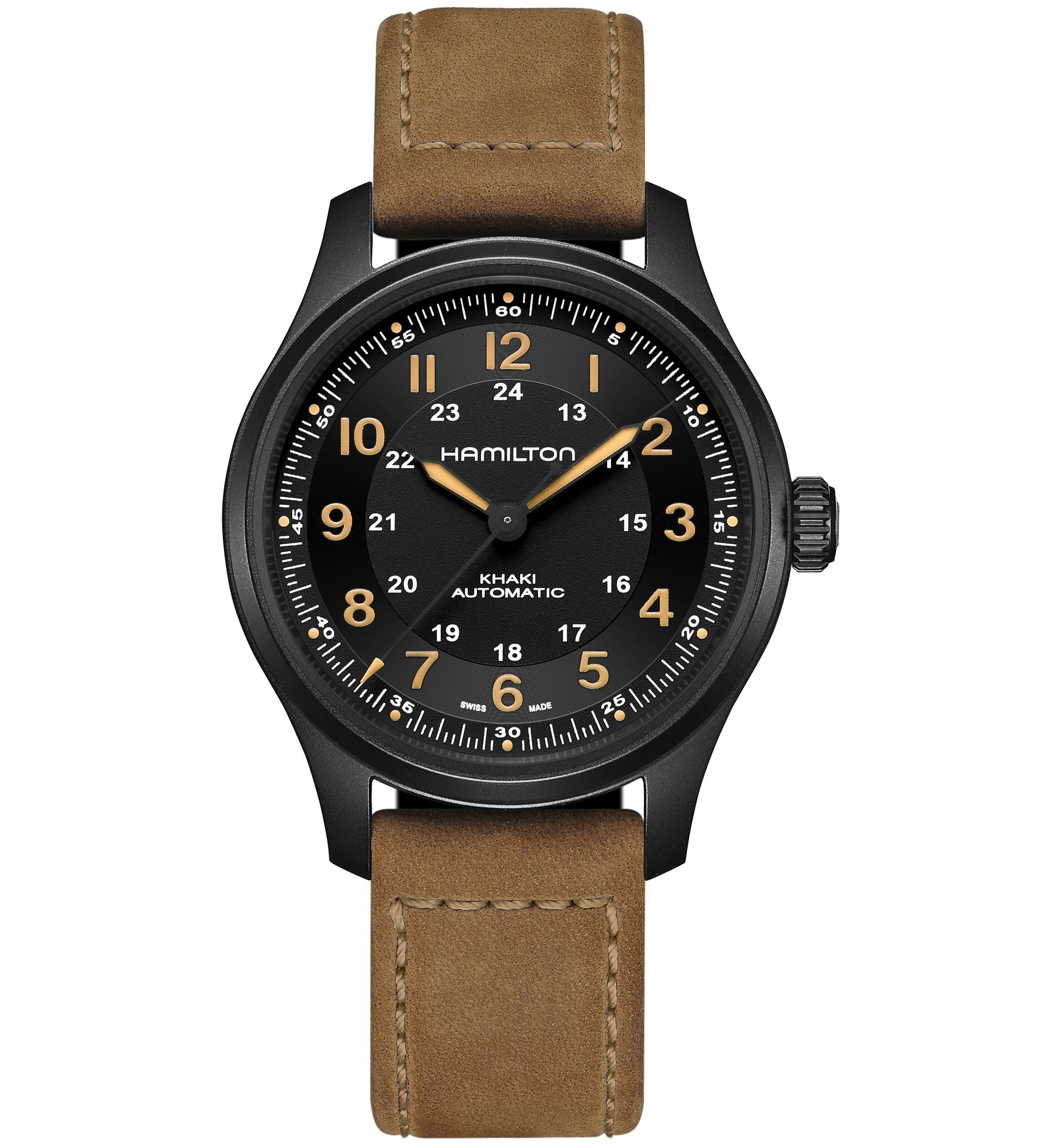 Men's Swiss Automatic Khaki Field Brown Leather Strap Watch 42mm