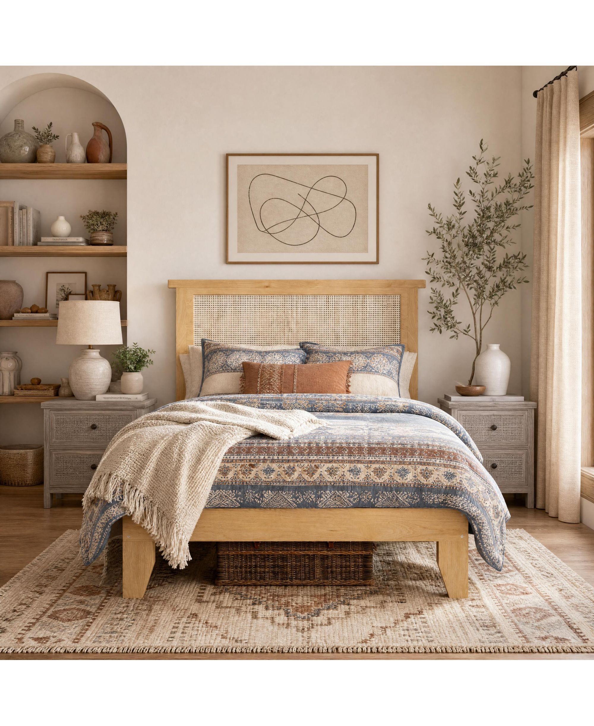 Bed Frame with Rattan Headboard, Platform Bed Frame with LED Lights, Under Bed Storage