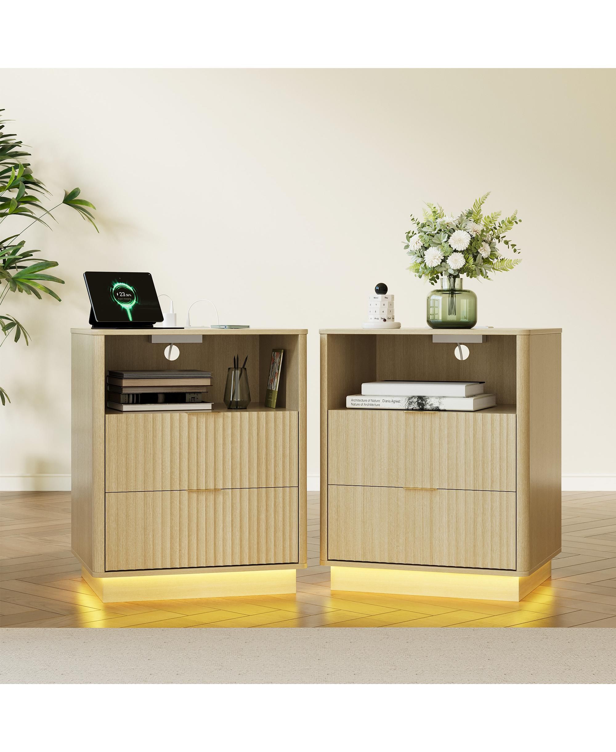 Set of 2 Wood Color Mid-Century Fluted Nightstands with Charging and LED, 2 Drawers, 20"W x 15.7"D x 24"H
