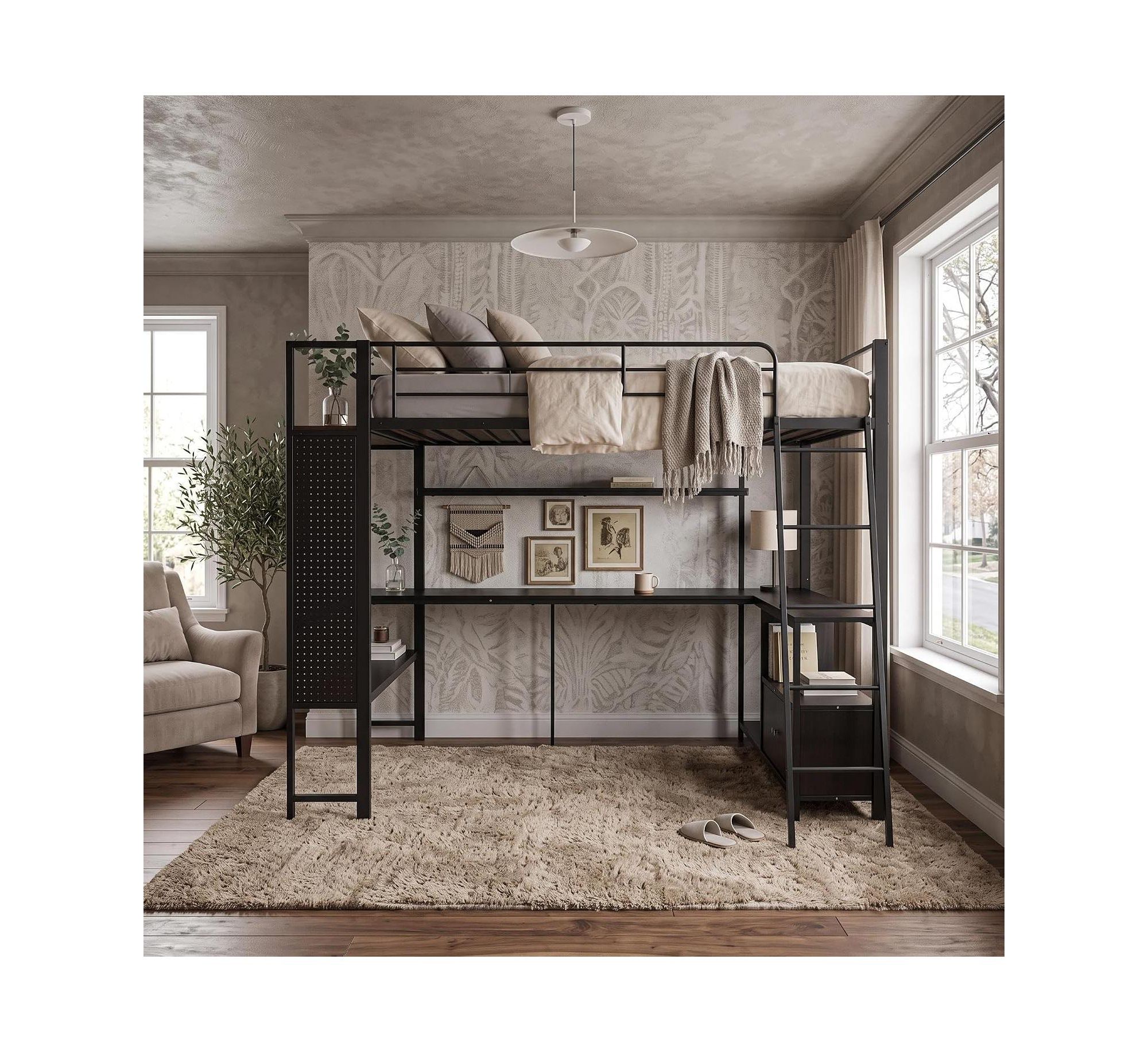 Full Loft Bed Frame with Desk, Black Metal and MDF with Charging Station and Storage